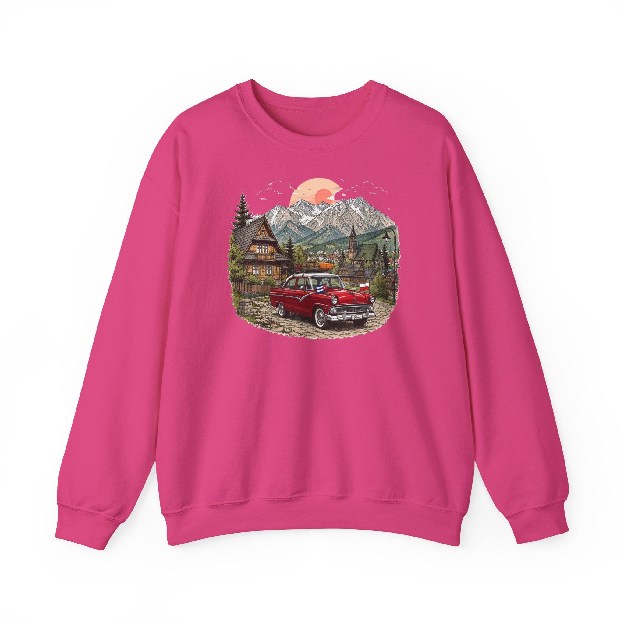 Vintage sweatshirt with the image of a Classic Cuban car in the mountains of Zakopane, Poland