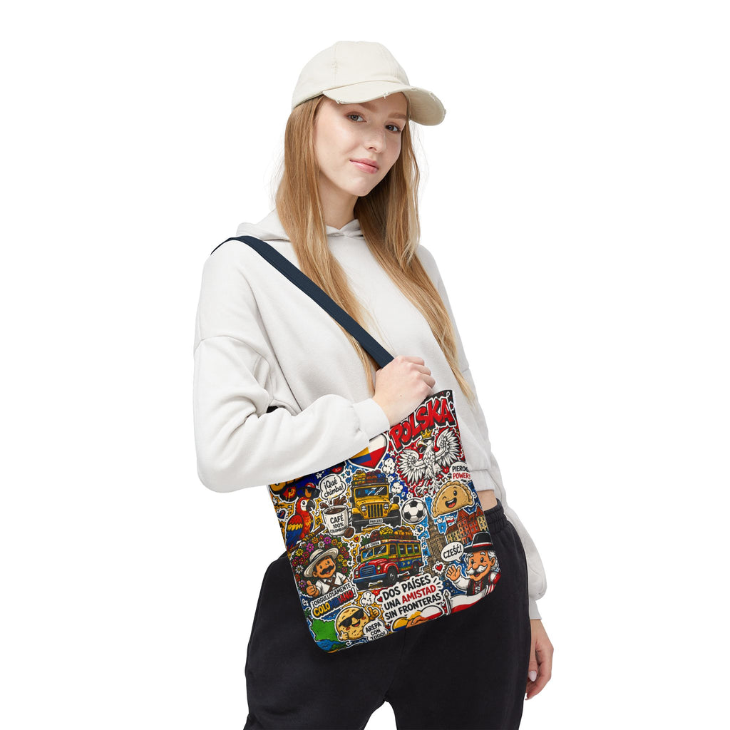 Colombia + Poland Friendship Tote Bag — Cultural Sticker Collage AOP
