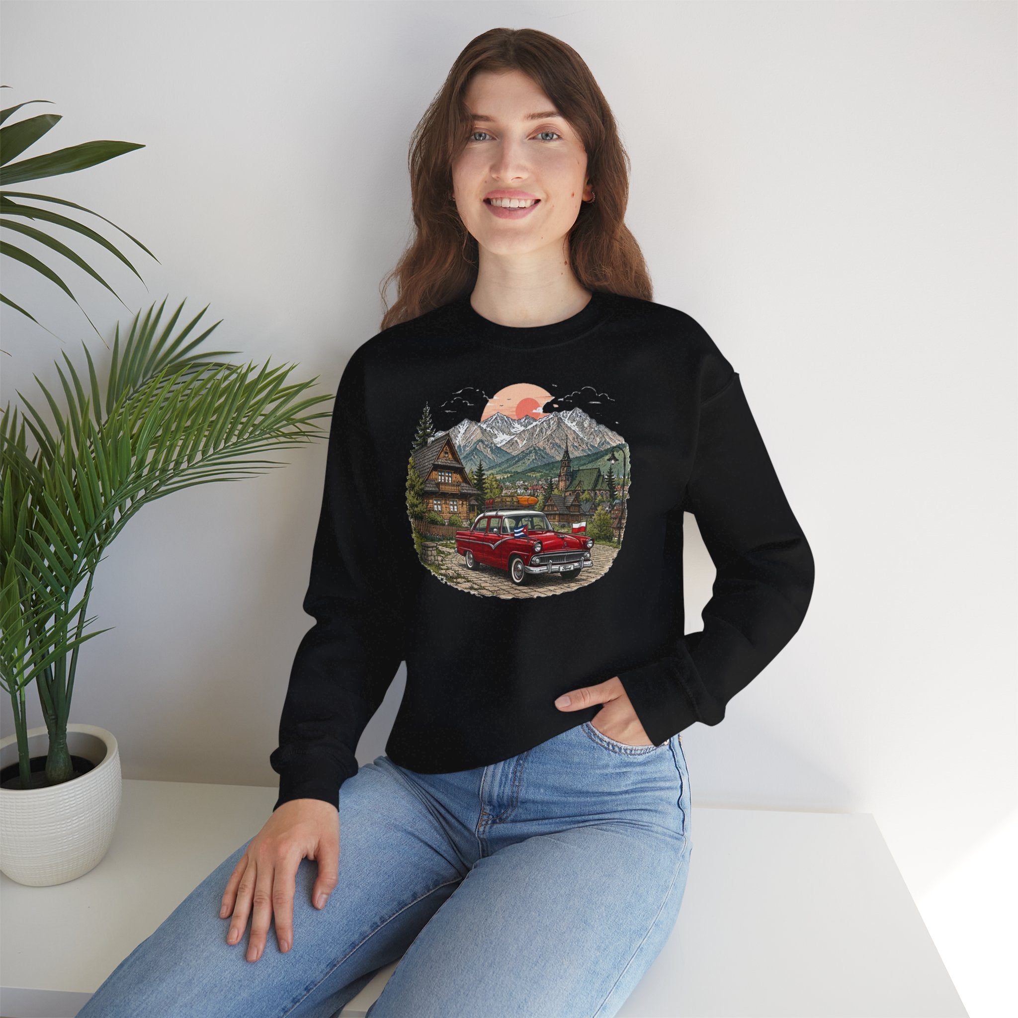 Vintage sweatshirt with the image of a Classic Cuban car in the mountains of Zakopane, Poland