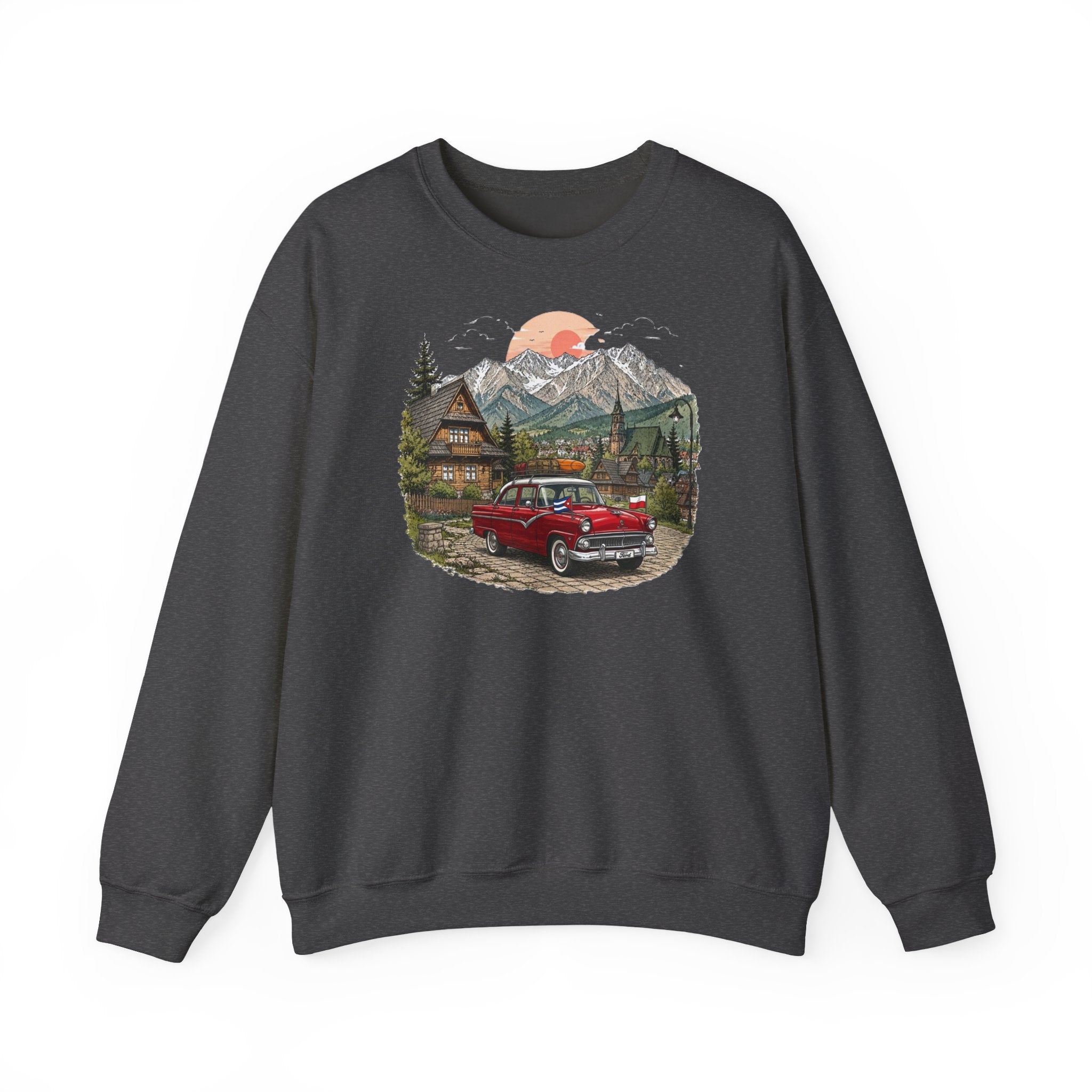 Vintage sweatshirt with the image of a Classic Cuban car in the mountains of Zakopane, Poland
