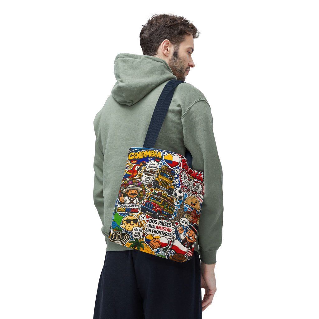 Colombia + Poland Friendship Tote Bag — Cultural Sticker Collage AOP