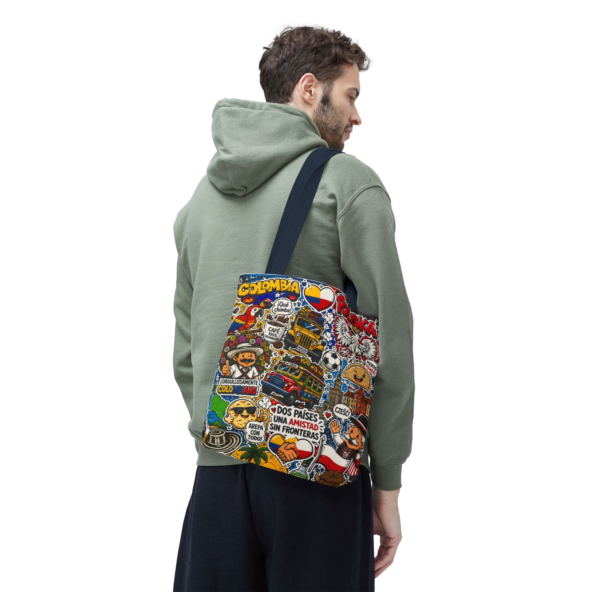 Colombia + Poland Friendship Tote Bag — Cultural Sticker Collage AOP