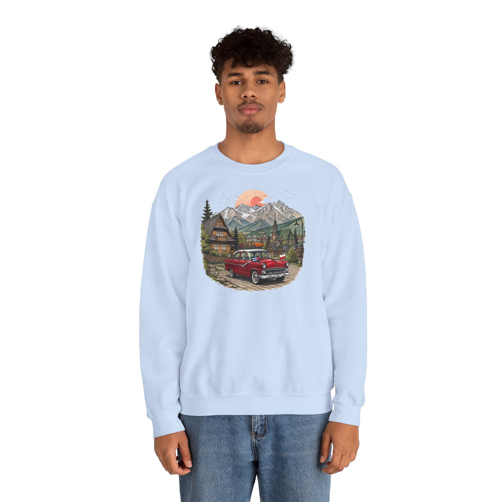 Vintage sweatshirt with the image of a Classic Cuban car in the mountains of Zakopane, Poland