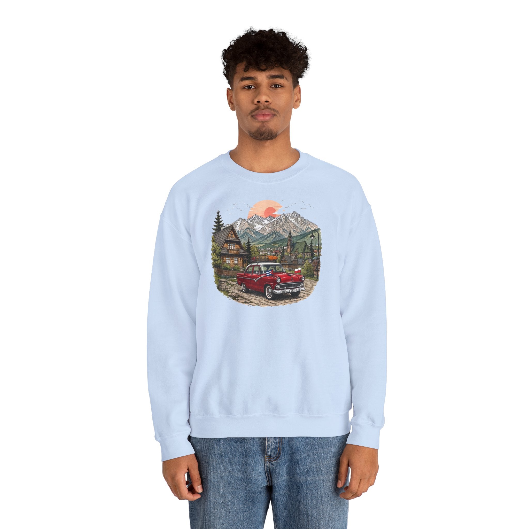 Vintage sweatshirt with the image of a Classic Cuban car in the mountains of Zakopane, Poland