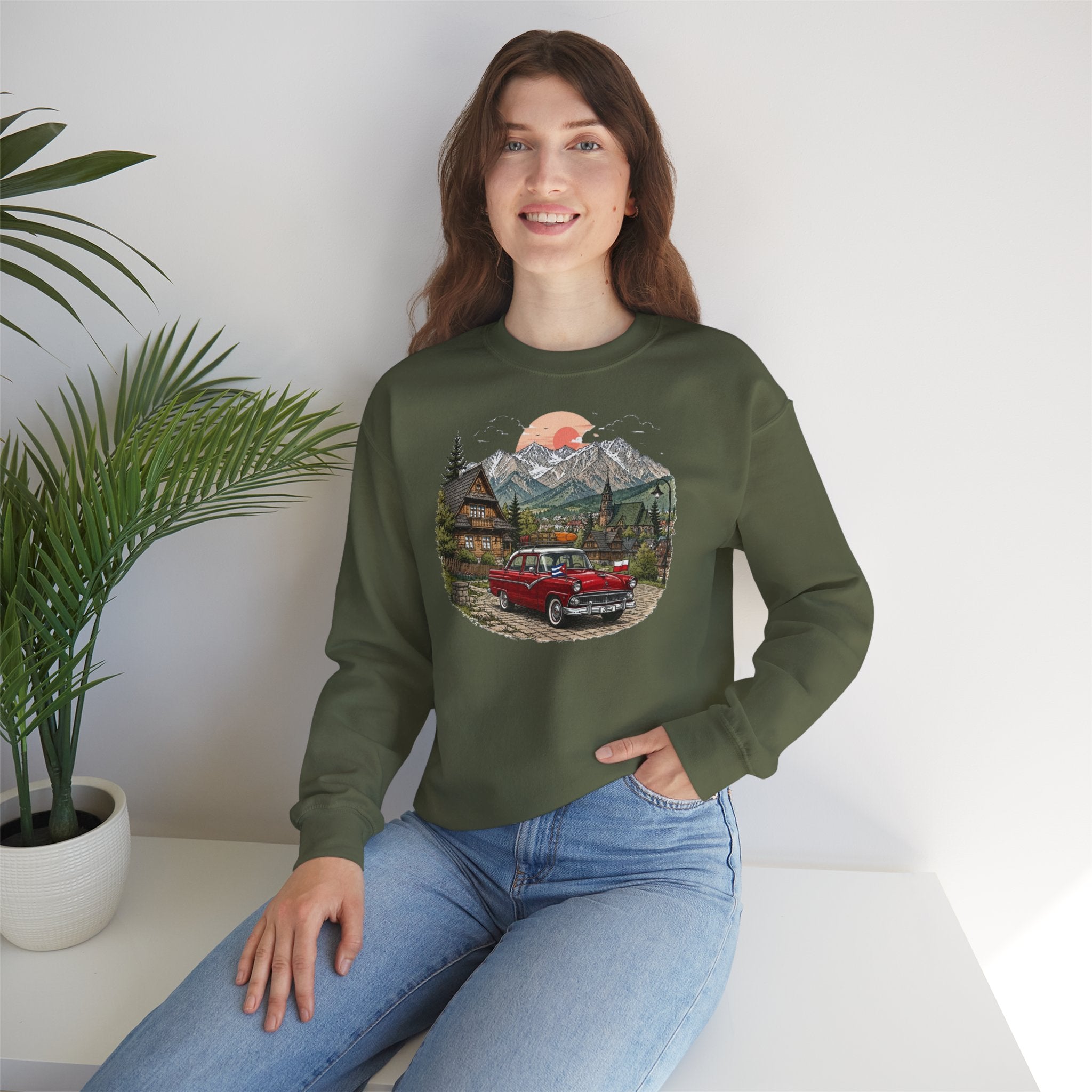 Vintage sweatshirt with the image of a Classic Cuban car in the mountains of Zakopane, Poland
