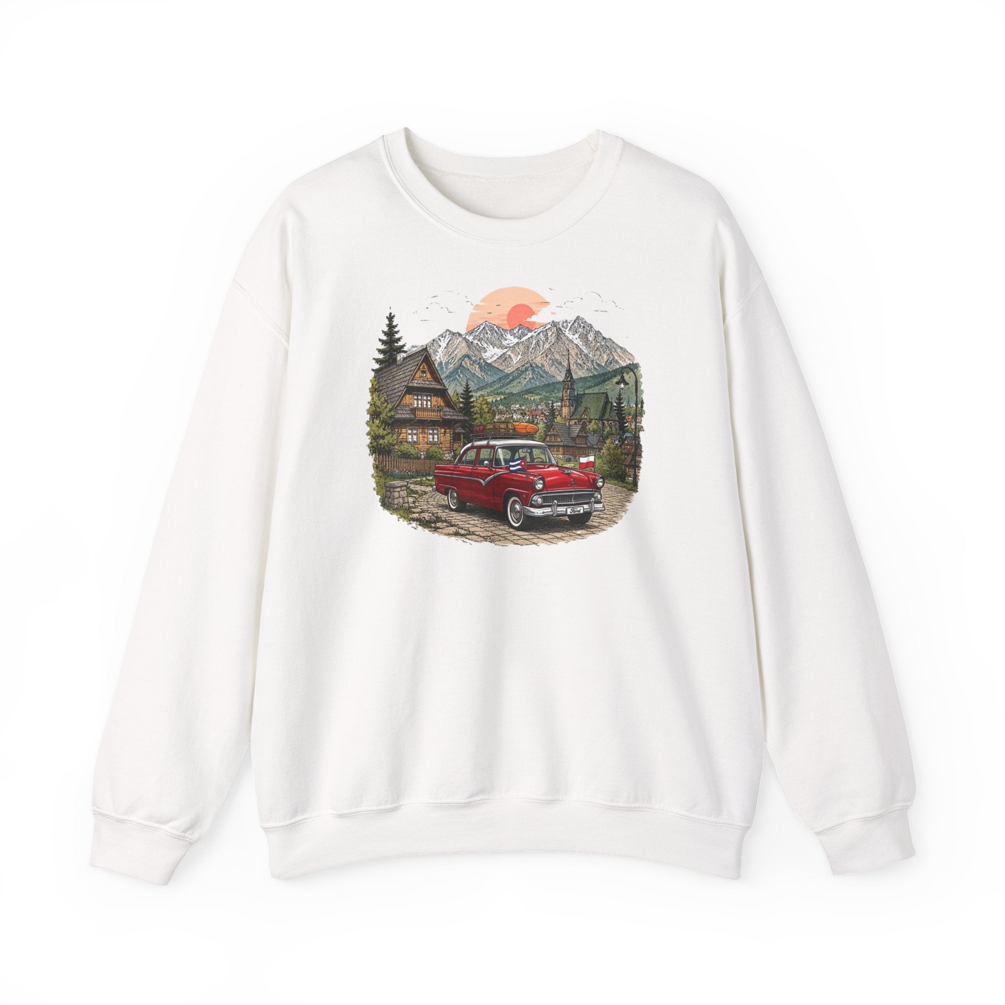 Vintage sweatshirt with the image of a Classic Cuban car in the mountains of Zakopane, Poland