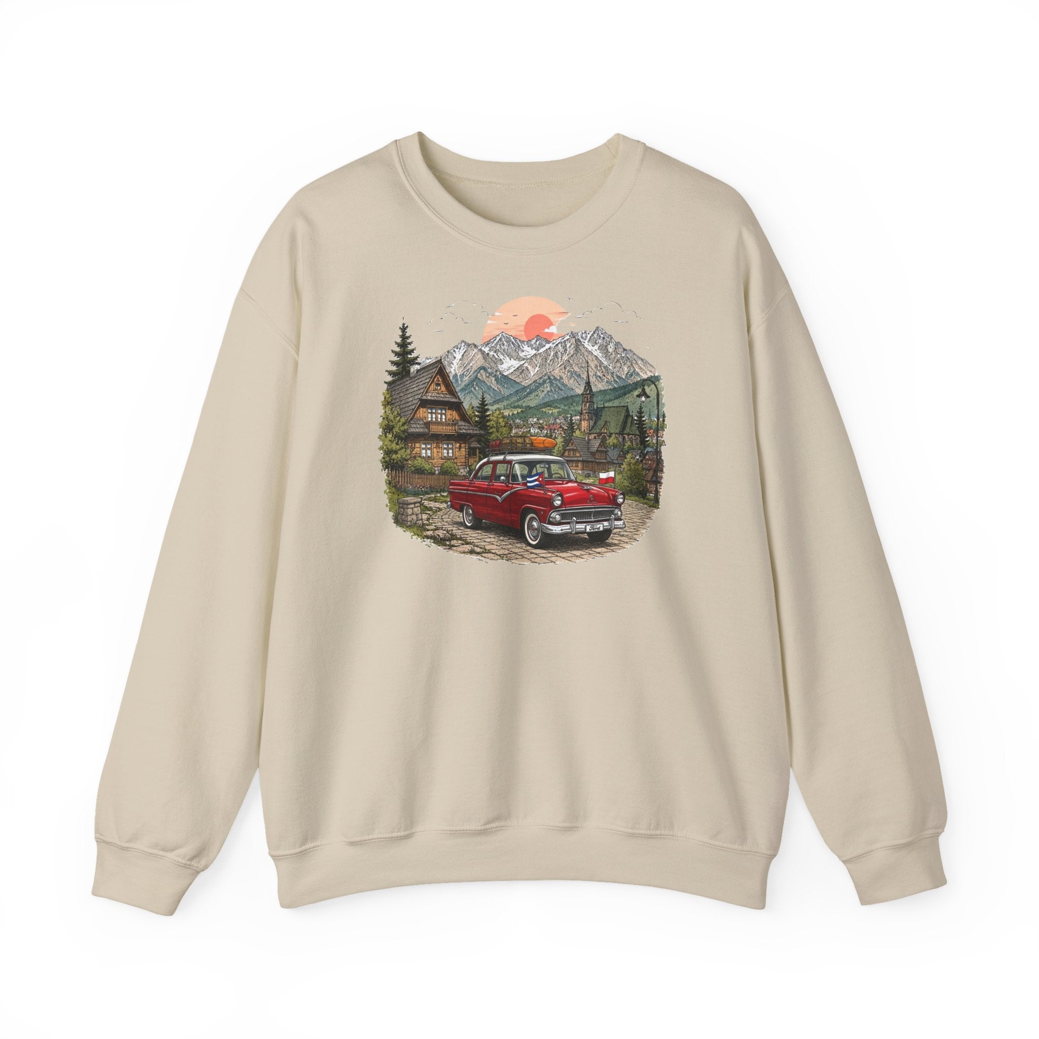 Vintage sweatshirt with the image of a Classic Cuban car in the mountains of Zakopane, Poland