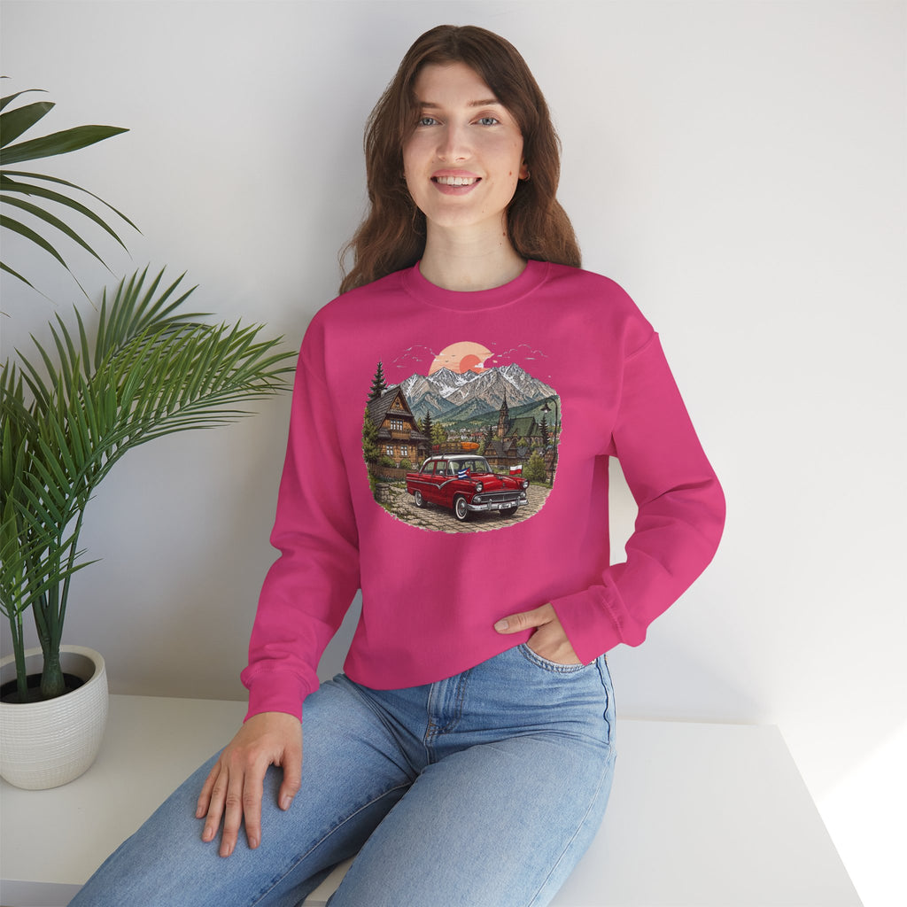 Vintage sweatshirt with the image of a Classic Cuban car in the mountains of Zakopane, Poland