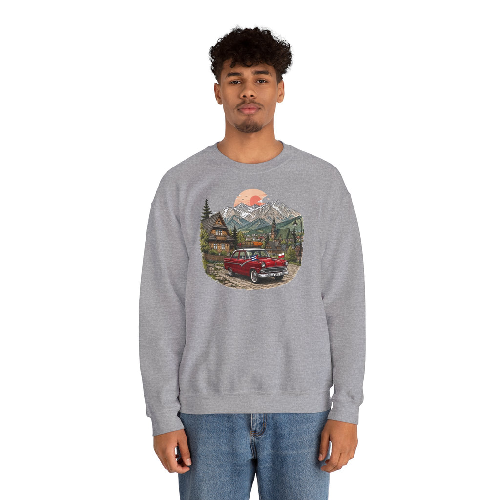 Vintage sweatshirt with the image of a Classic Cuban car in the mountains of Zakopane, Poland