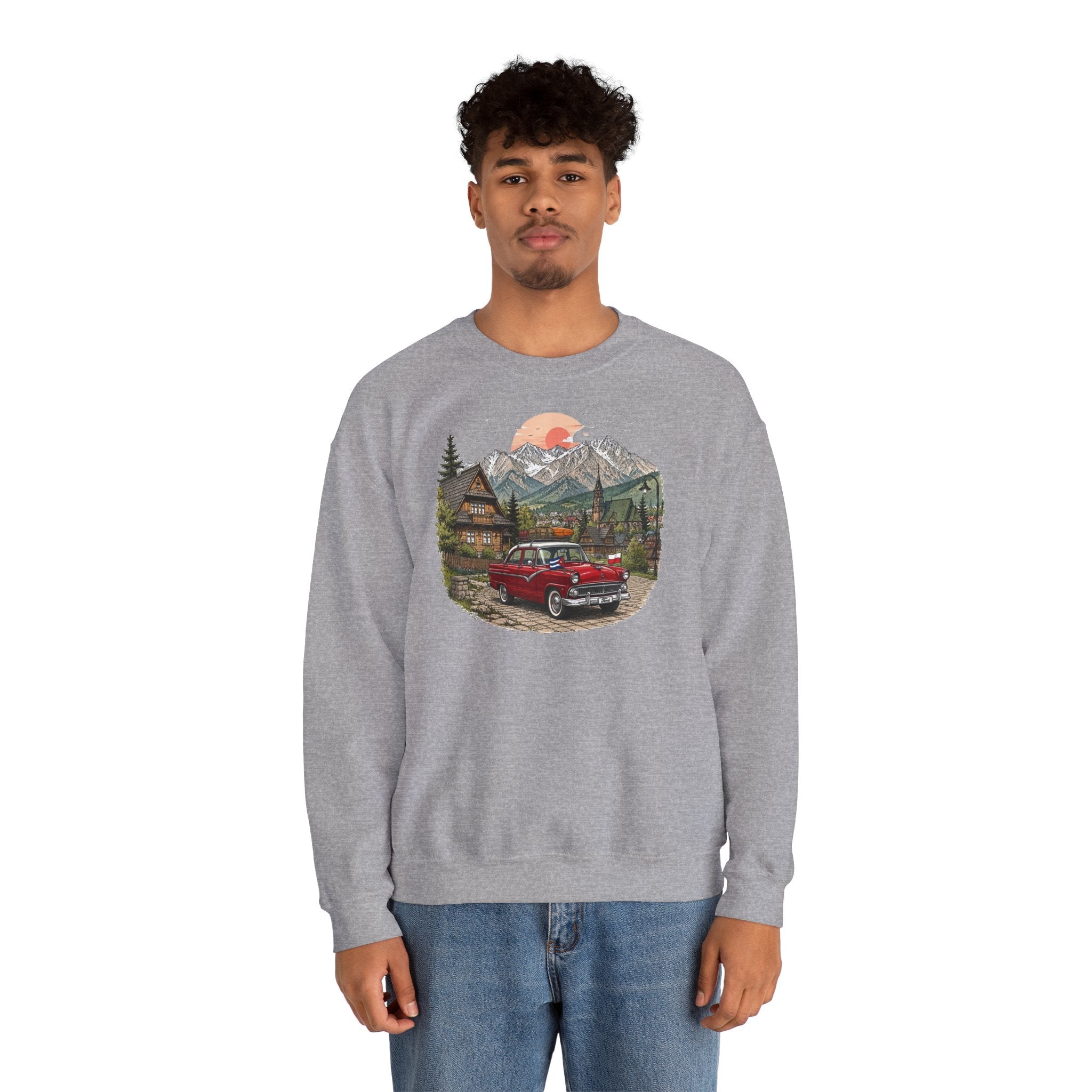 Vintage sweatshirt with the image of a Classic Cuban car in the mountains of Zakopane, Poland