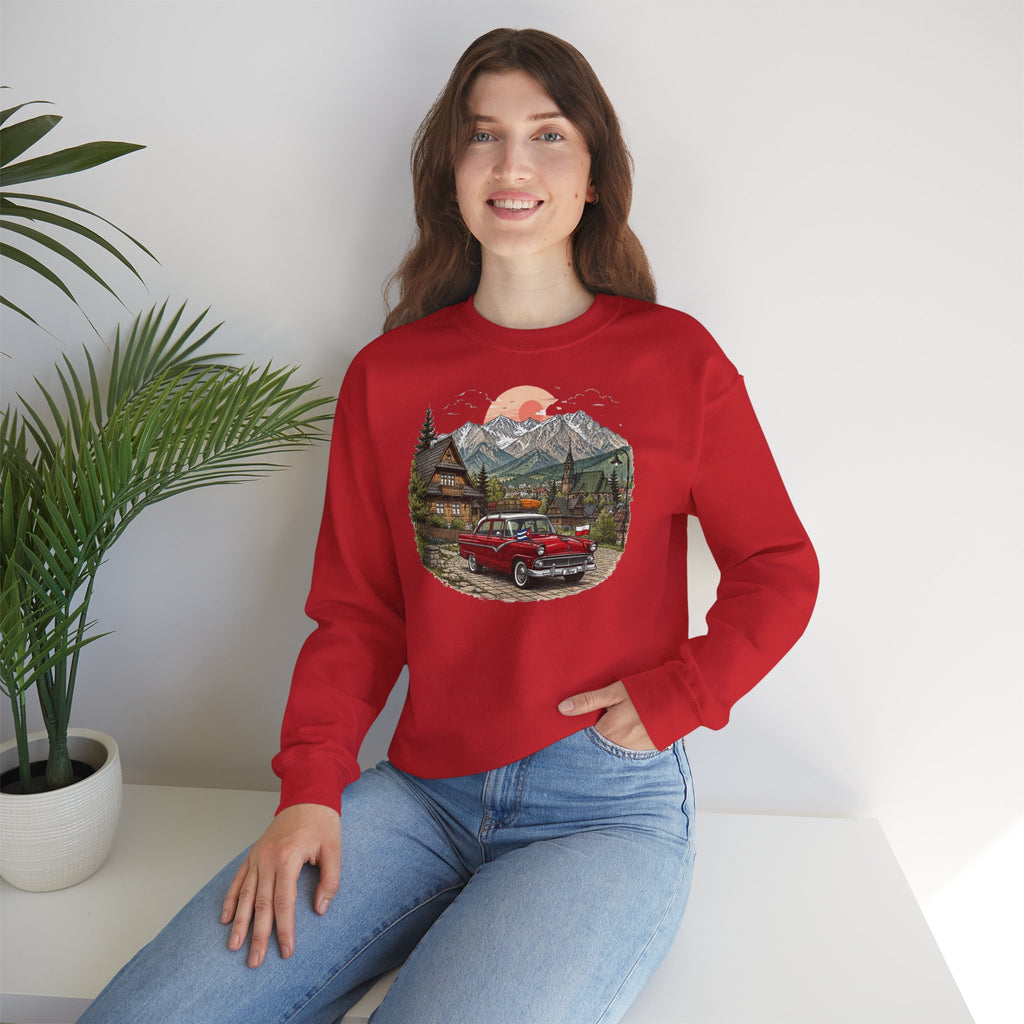 Vintage sweatshirt with the image of a Classic Cuban car in the mountains of Zakopane, Poland