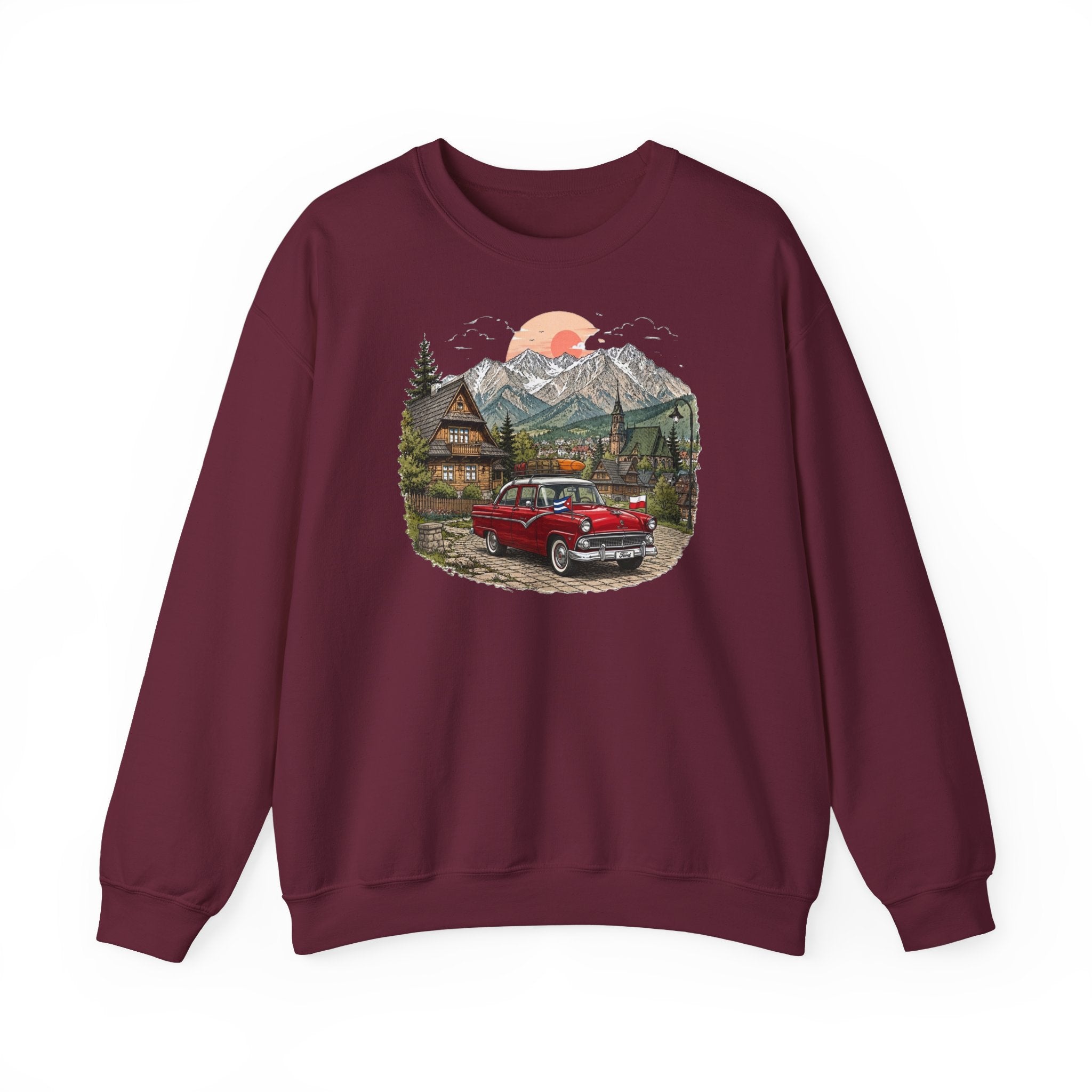 Vintage sweatshirt with the image of a Classic Cuban car in the mountains of Zakopane, Poland