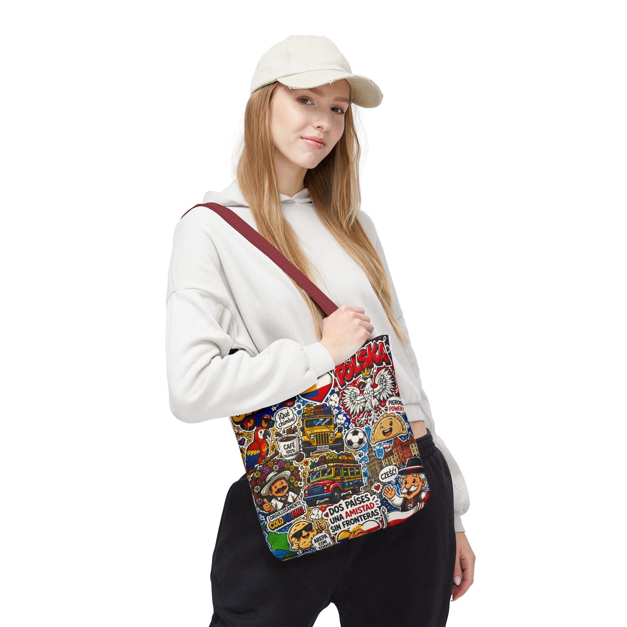 Colombia + Poland Friendship Tote Bag — Cultural Sticker Collage AOP