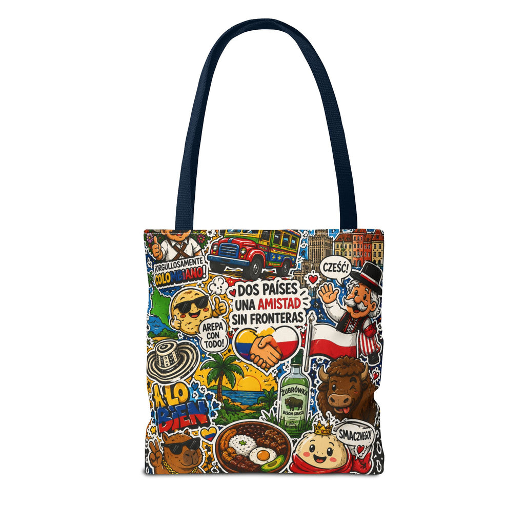Colombia + Poland Friendship Tote Bag — Cultural Sticker Collage AOP