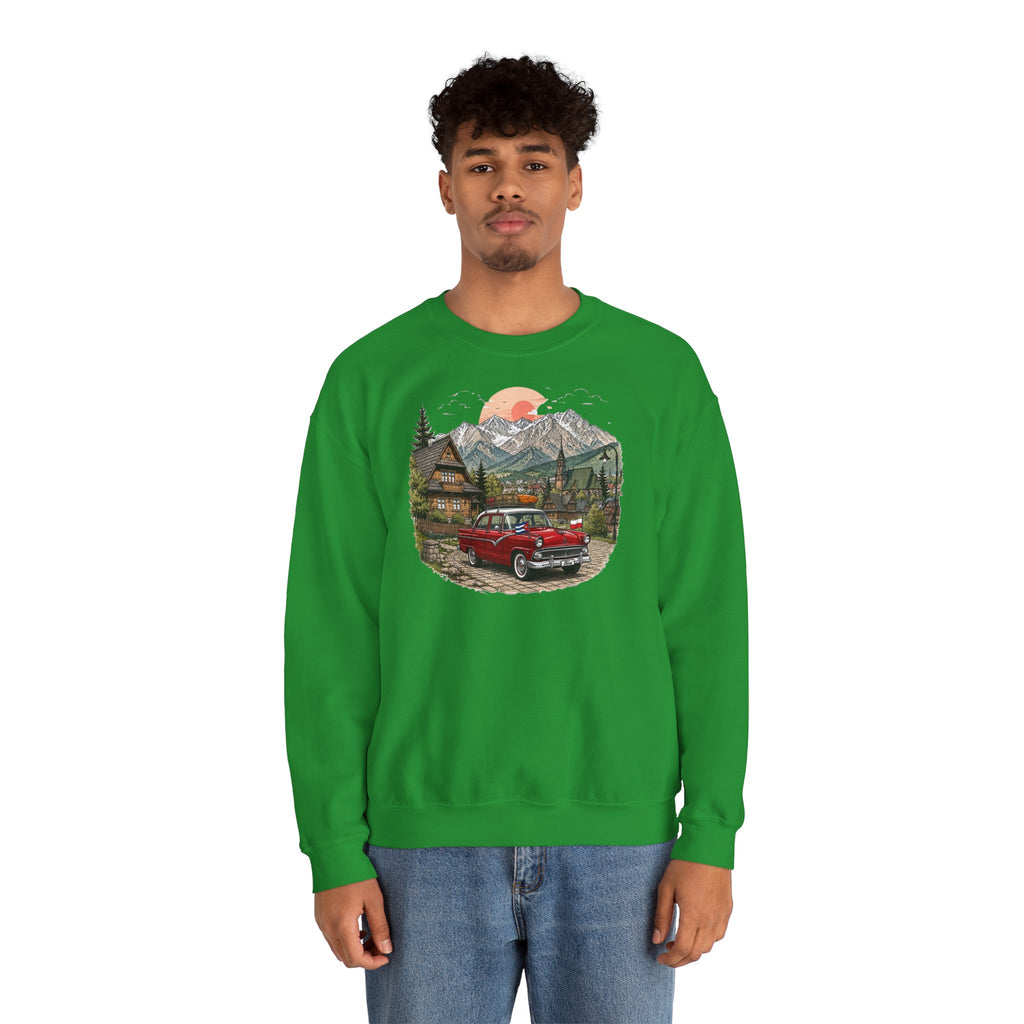 Vintage sweatshirt with the image of a Classic Cuban car in the mountains of Zakopane, Poland