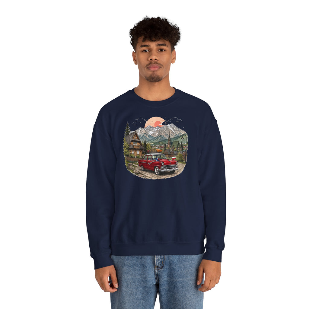 Vintage sweatshirt with the image of a Classic Cuban car in the mountains of Zakopane, Poland