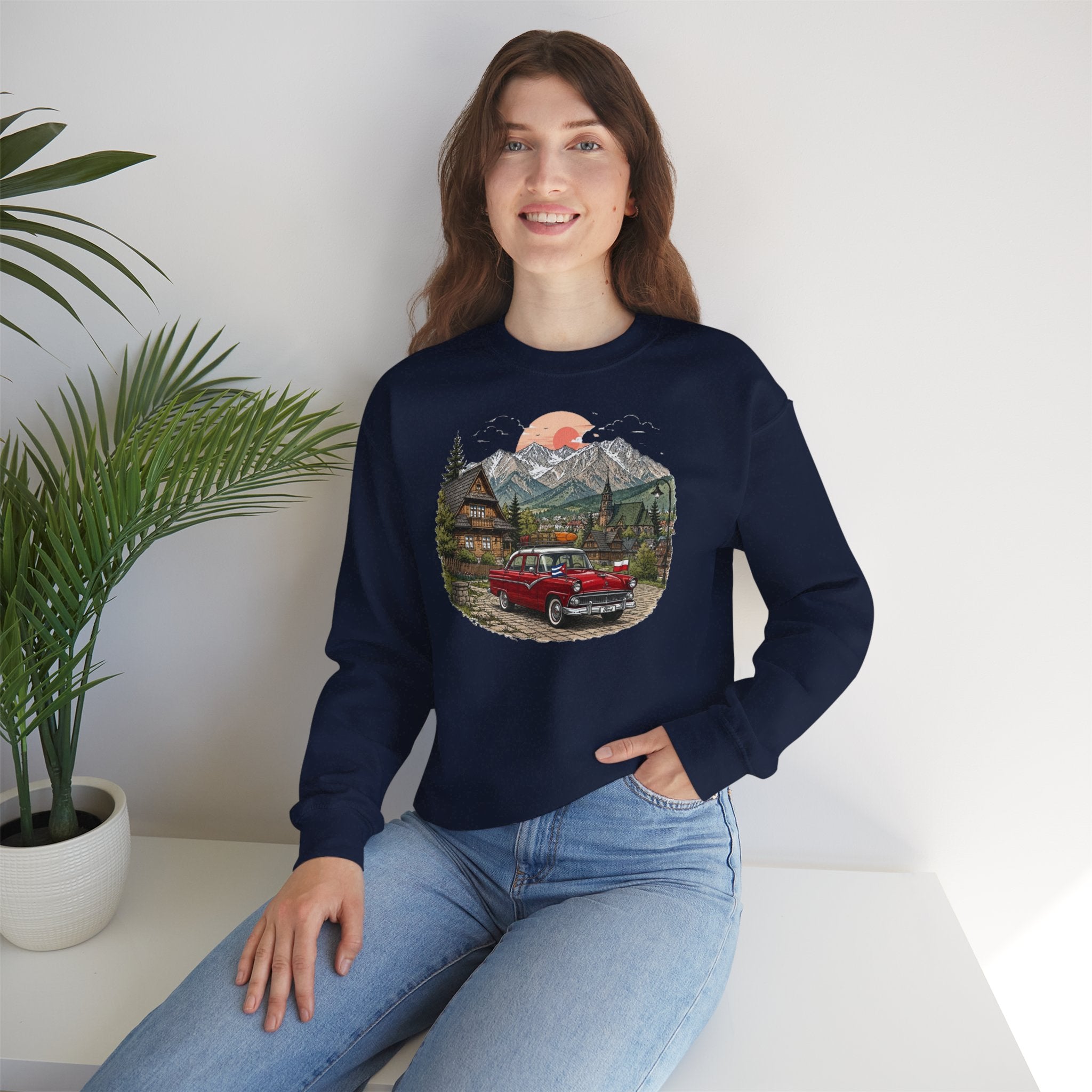 Vintage sweatshirt with the image of a Classic Cuban car in the mountains of Zakopane, Poland