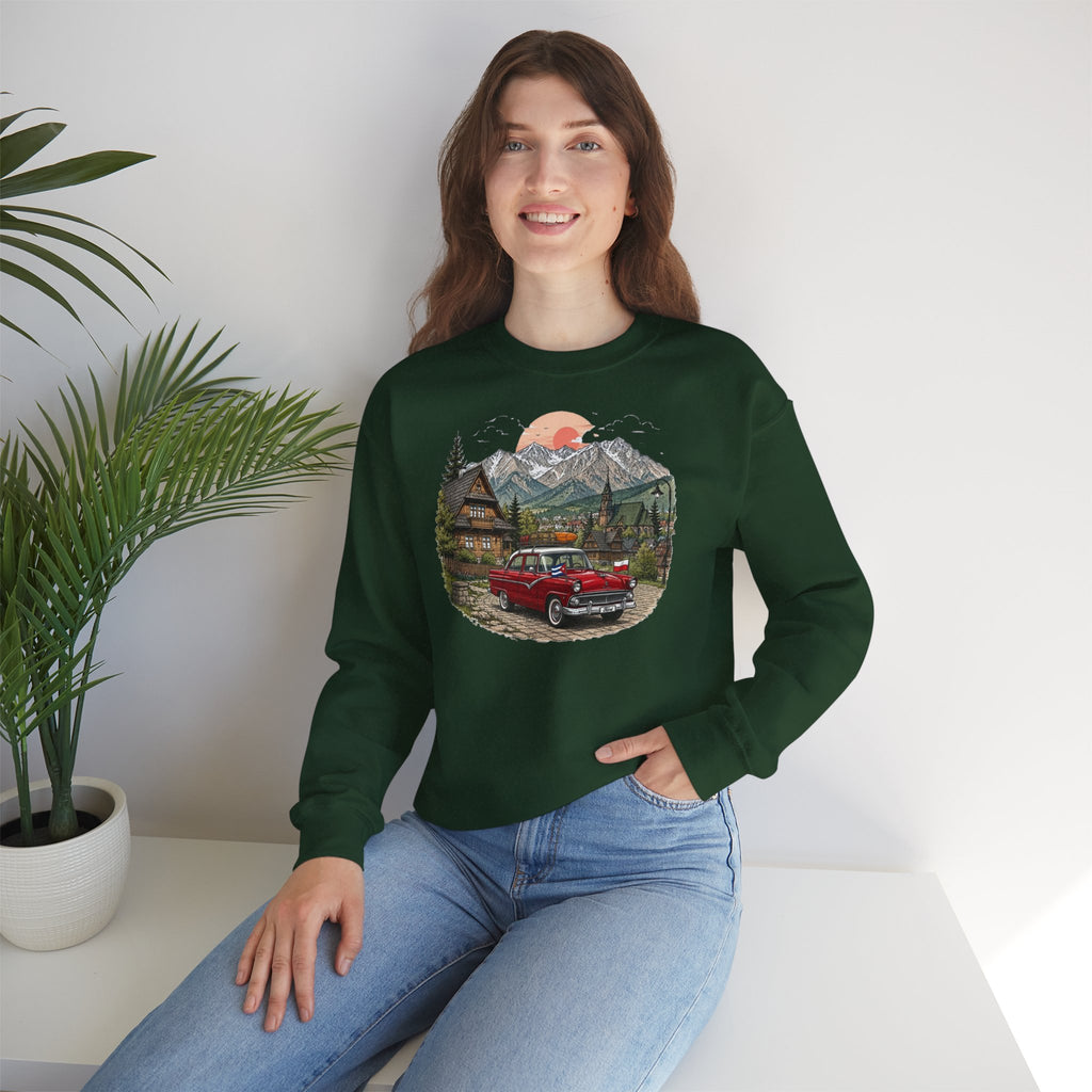 Vintage sweatshirt with the image of a Classic Cuban car in the mountains of Zakopane, Poland