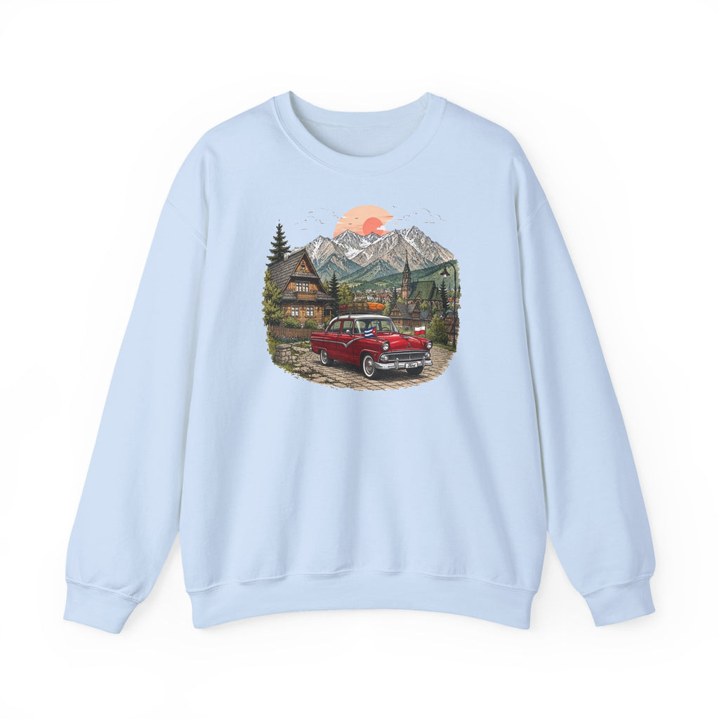 Vintage sweatshirt with the image of a Classic Cuban car in the mountains of Zakopane, Poland