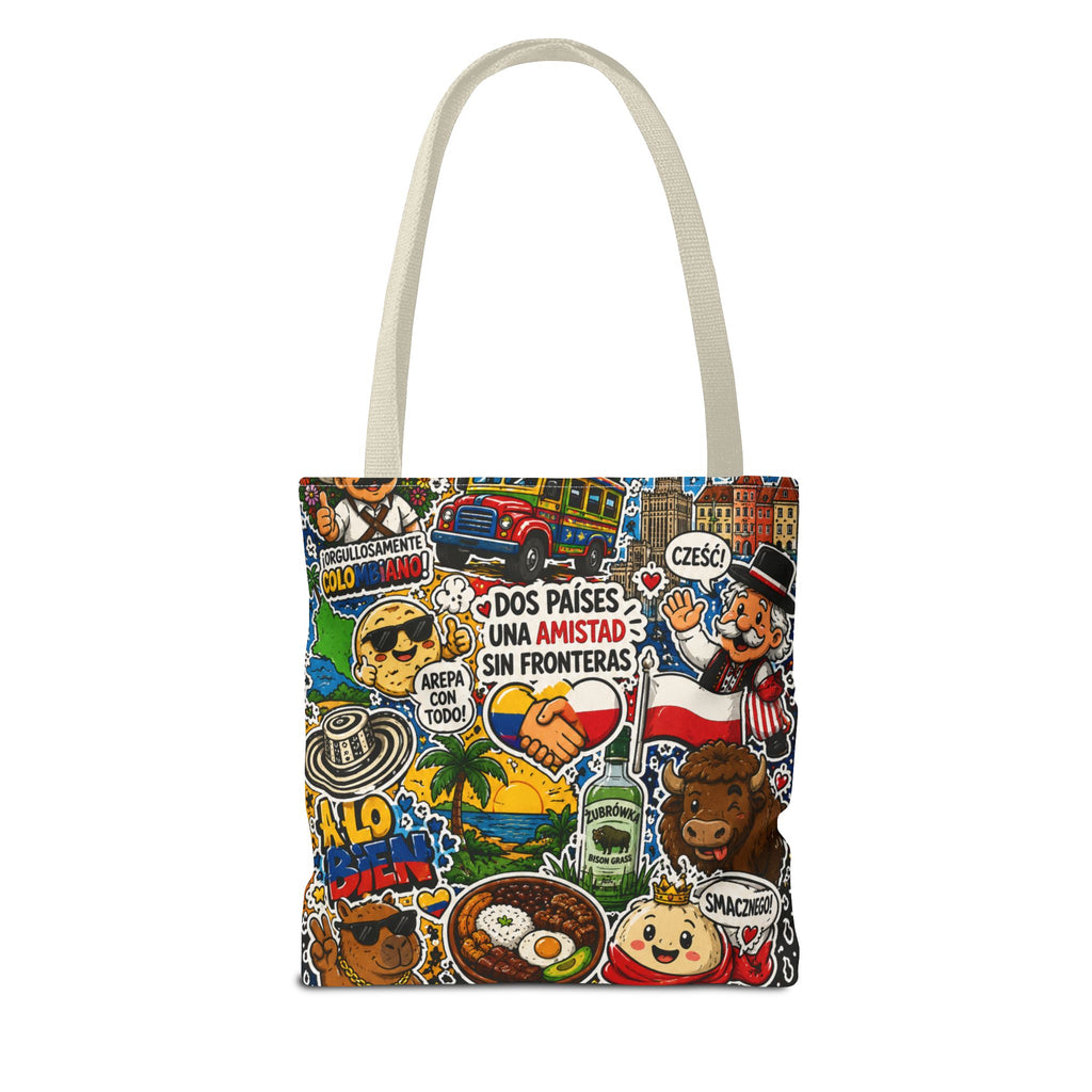 Colombia + Poland Friendship Tote Bag — Cultural Sticker Collage AOP