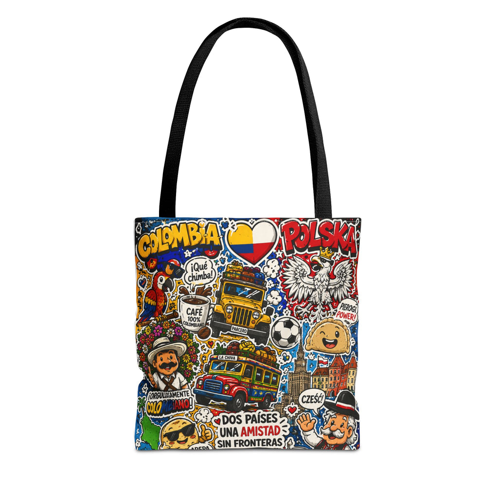Colombia + Poland Friendship Tote Bag — Cultural Sticker Collage AOP