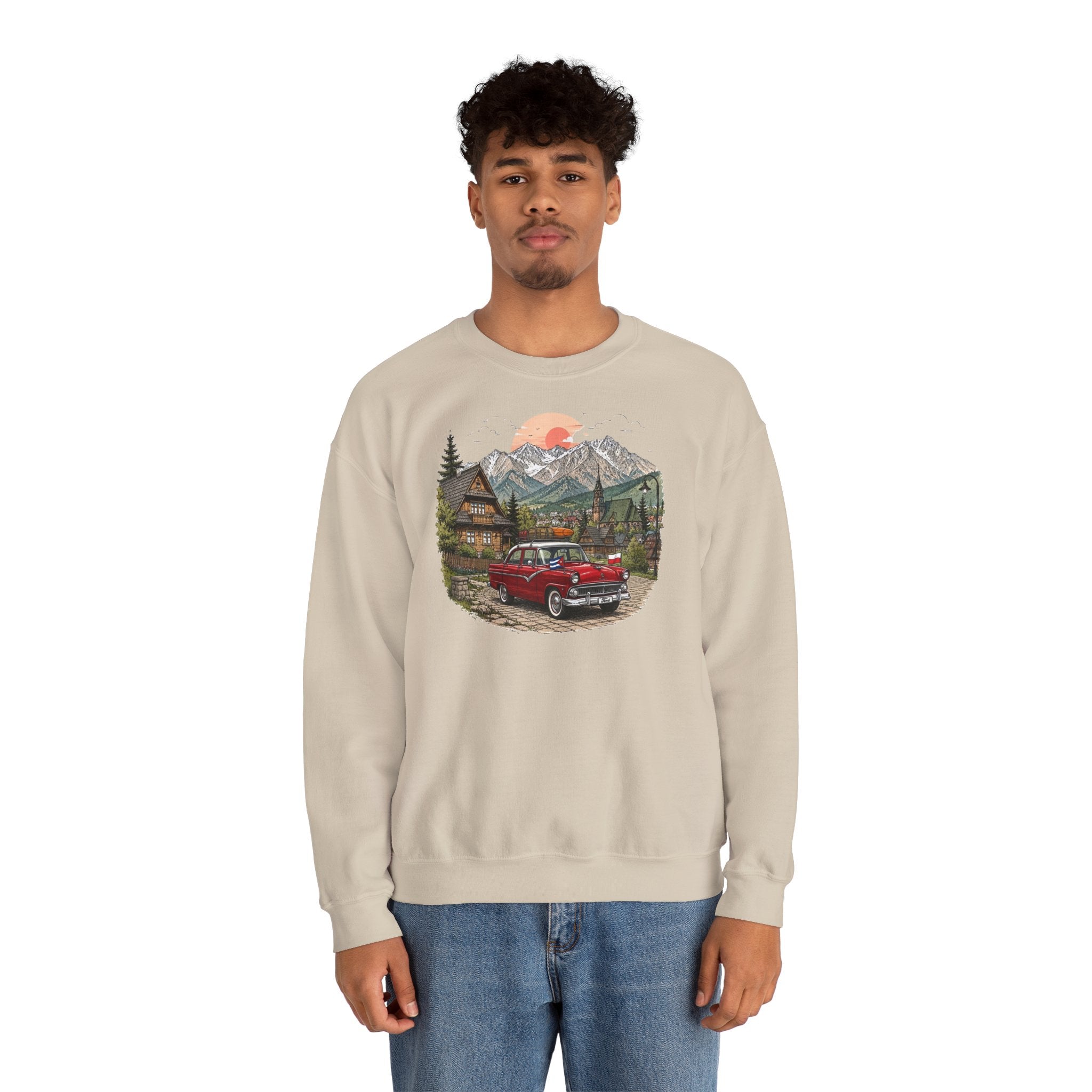Vintage sweatshirt with the image of a Classic Cuban car in the mountains of Zakopane, Poland