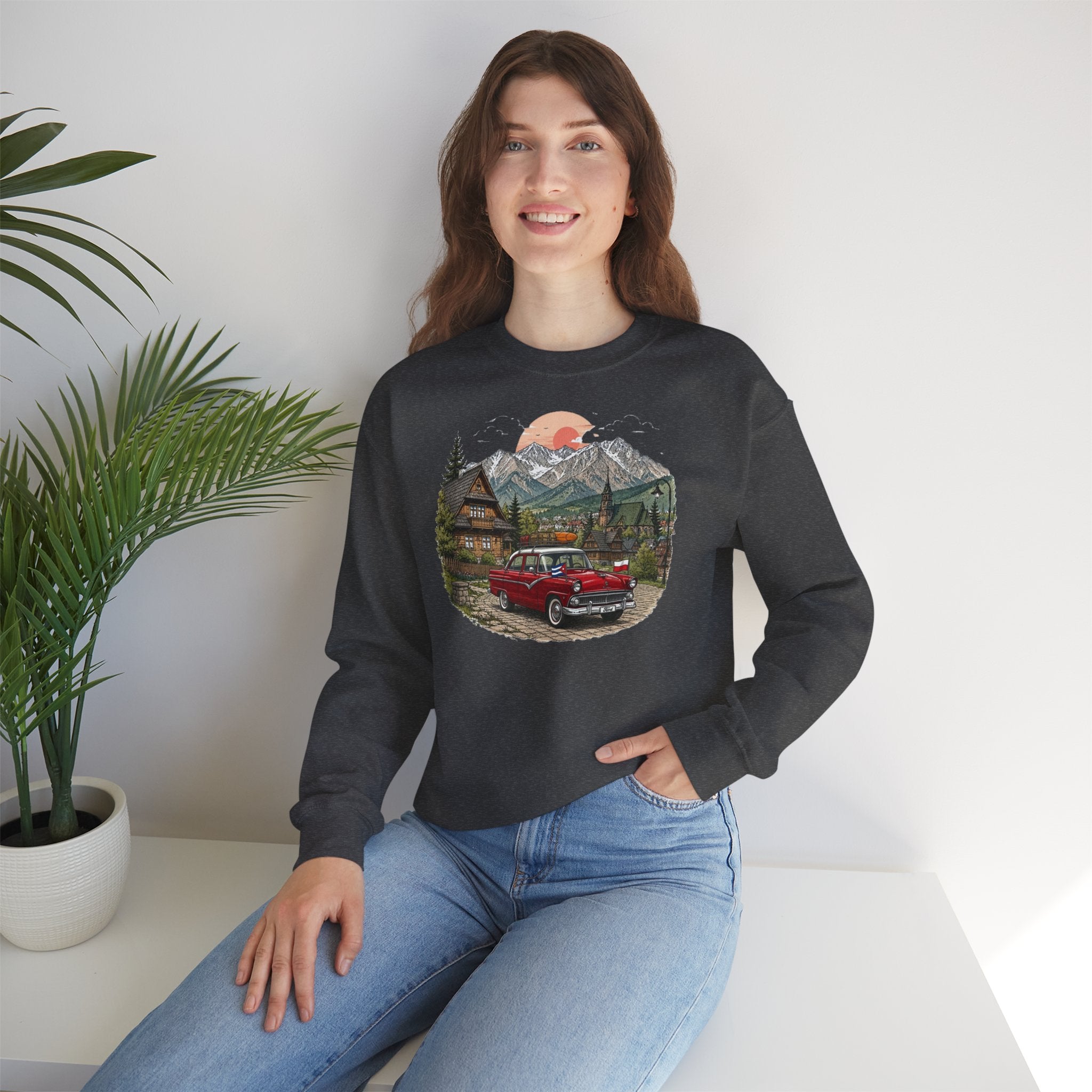 Vintage sweatshirt with the image of a Classic Cuban car in the mountains of Zakopane, Poland