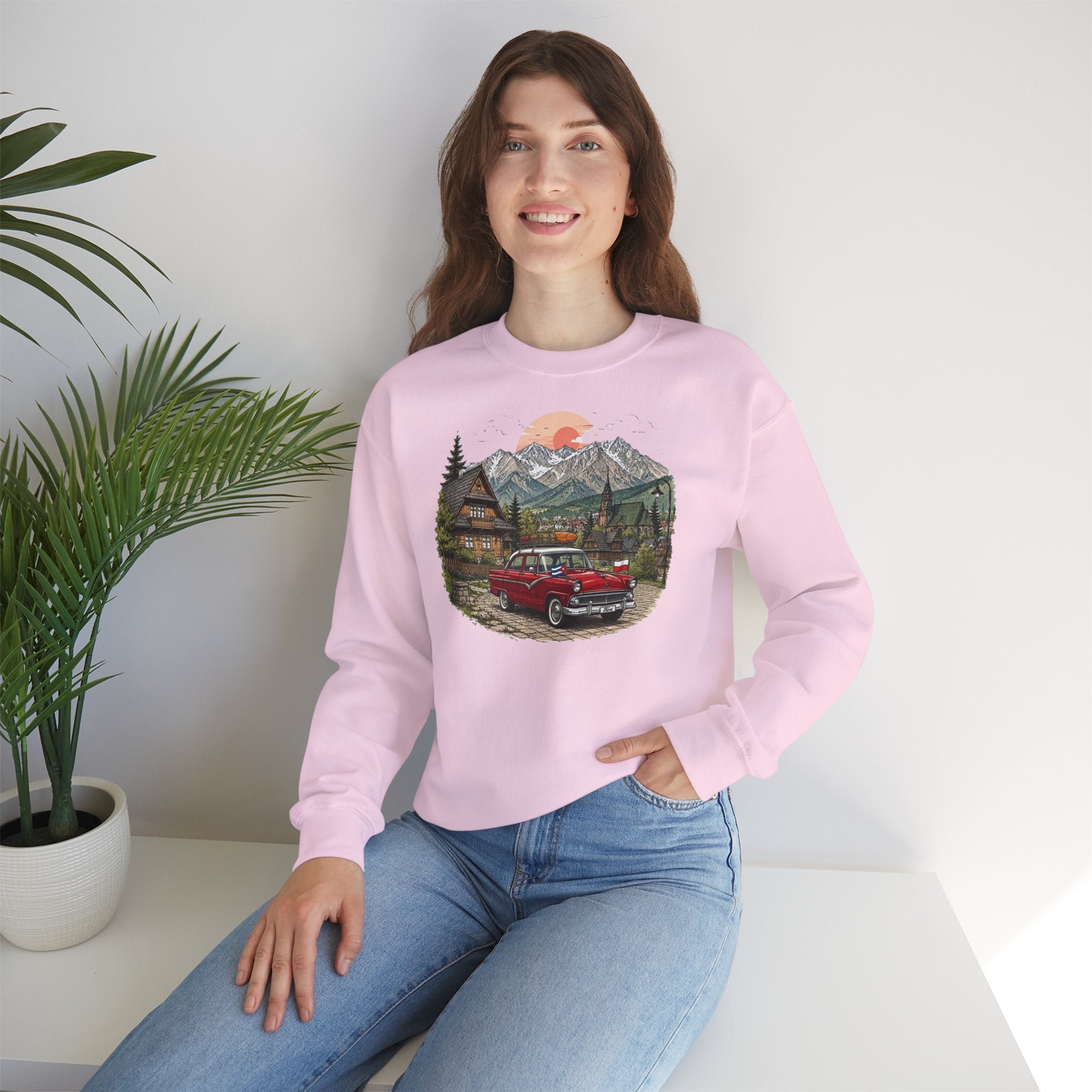 Vintage sweatshirt with the image of a Classic Cuban car in the mountains of Zakopane, Poland