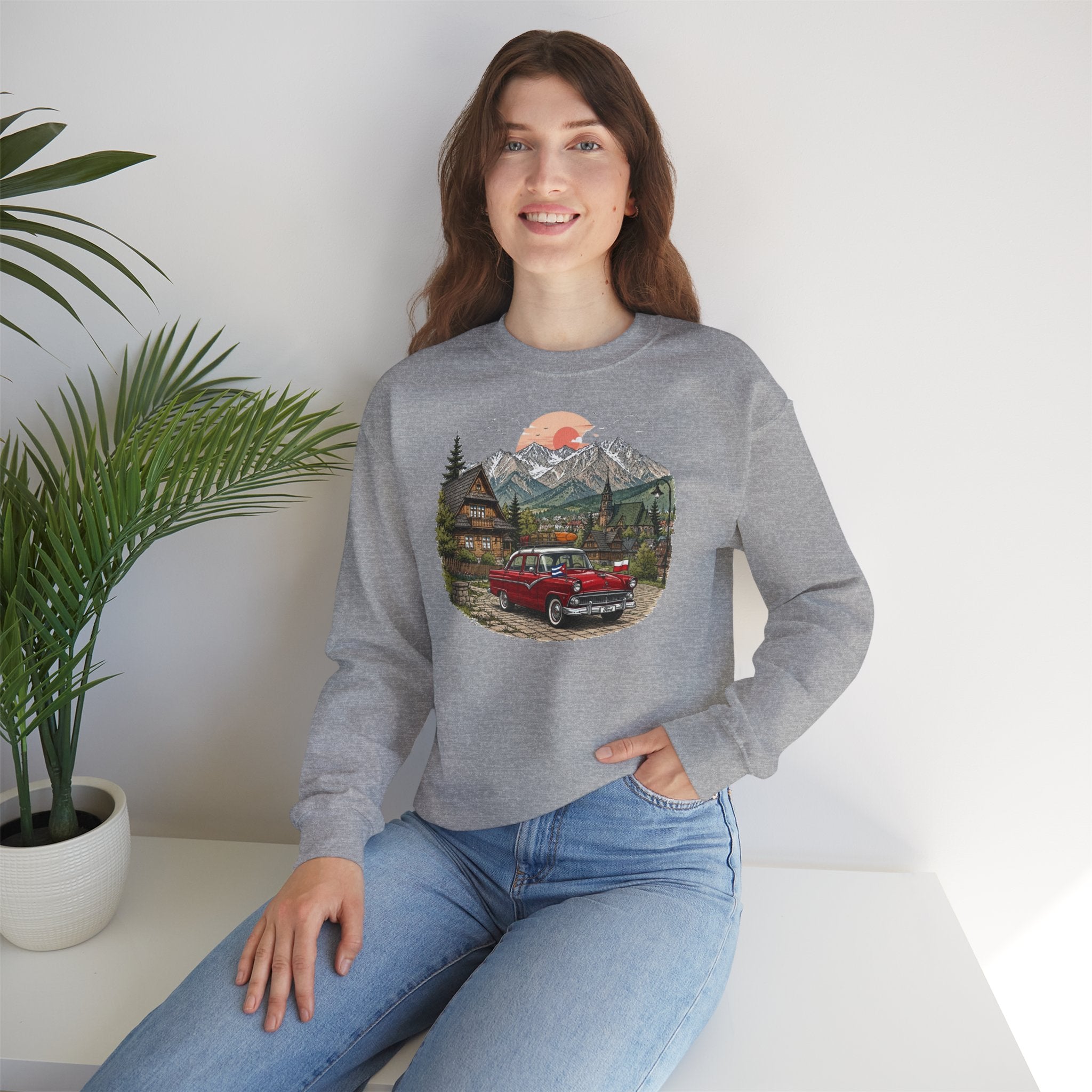 Vintage sweatshirt with the image of a Classic Cuban car in the mountains of Zakopane, Poland