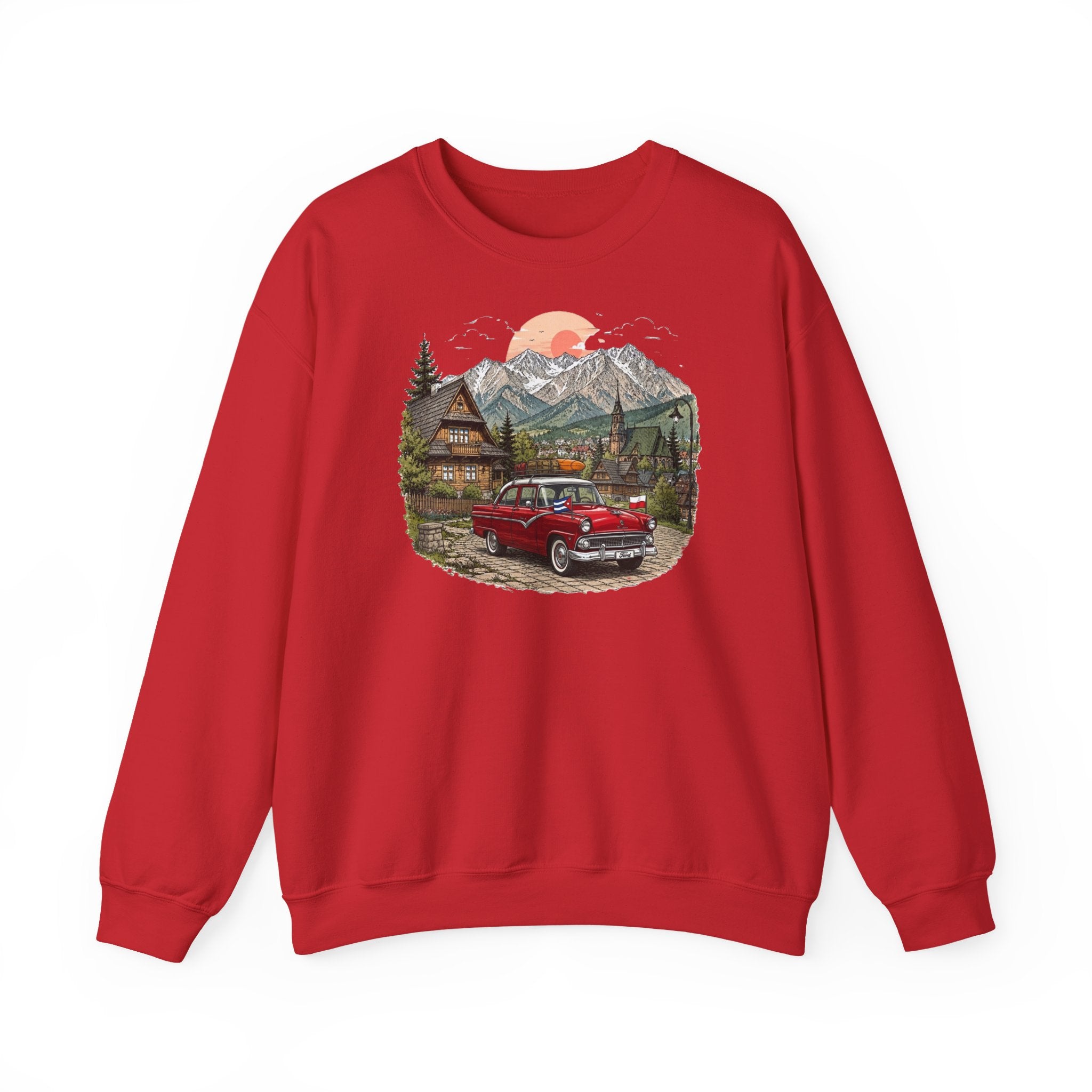Vintage sweatshirt with the image of a Classic Cuban car in the mountains of Zakopane, Poland