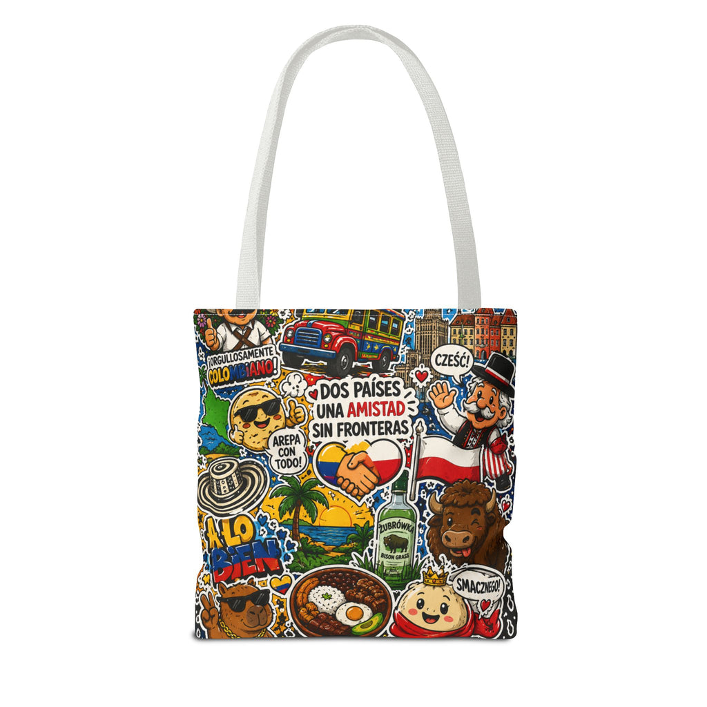 Colombia + Poland Friendship Tote Bag — Cultural Sticker Collage AOP