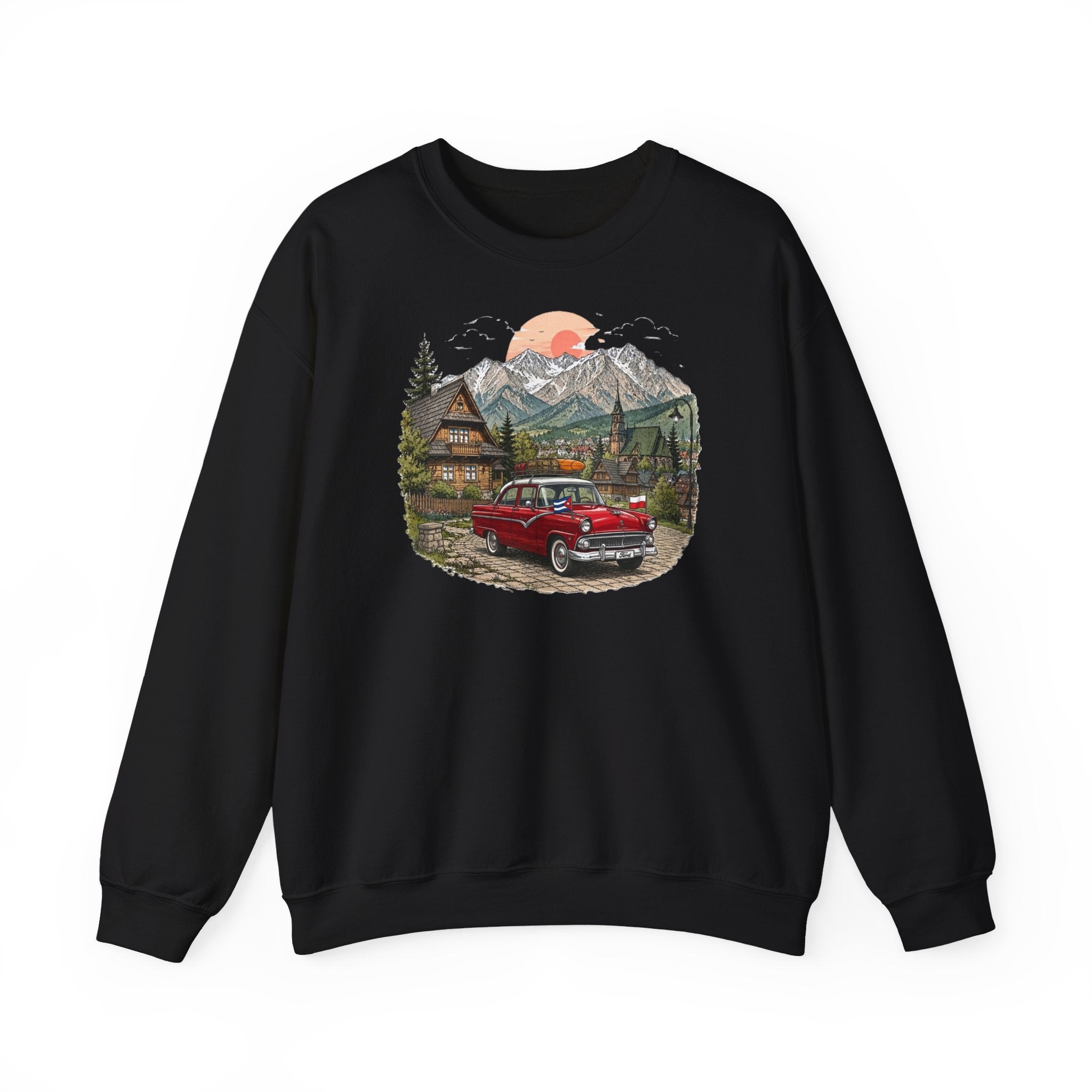 Vintage sweatshirt with the image of a Classic Cuban car in the mountains of Zakopane, Poland