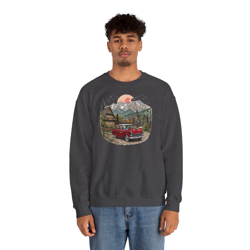 Vintage sweatshirt with the image of a Classic Cuban car in the mountains of Zakopane, Poland