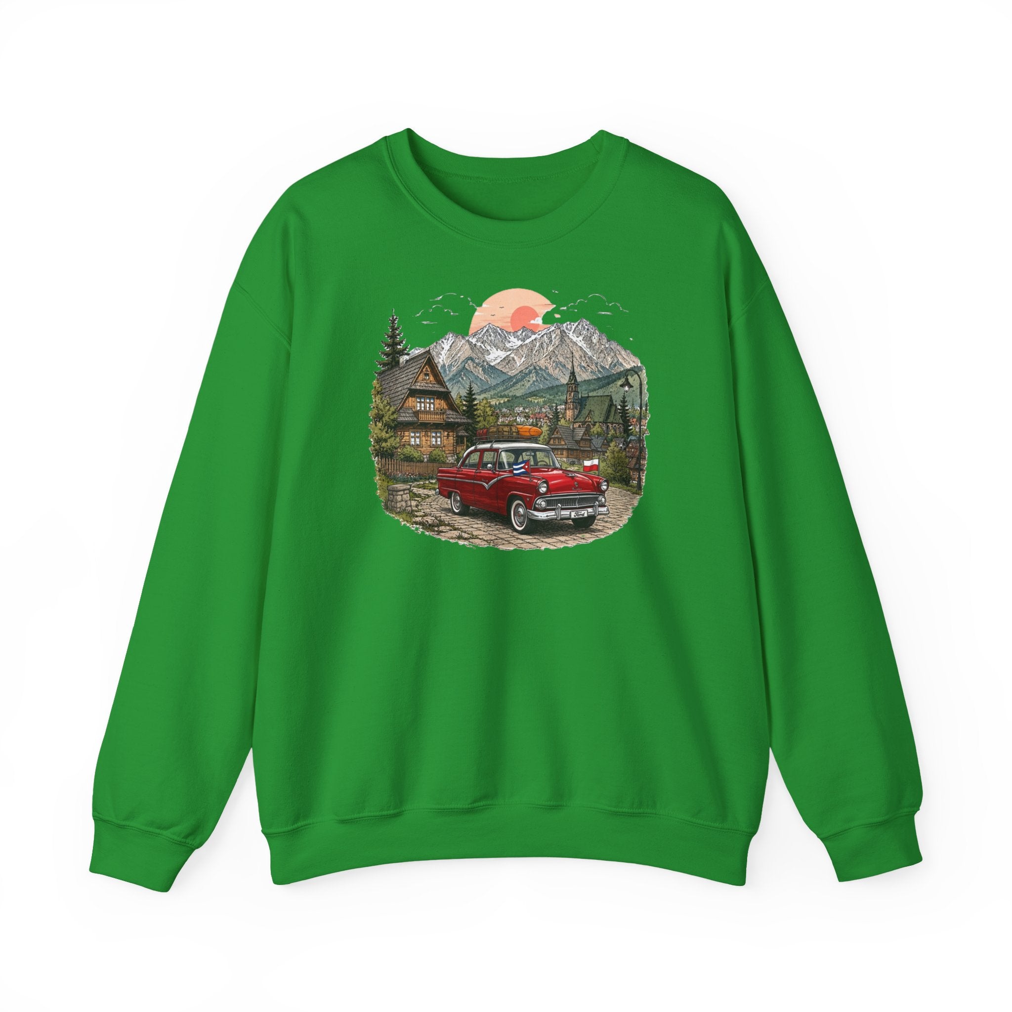 Vintage sweatshirt with the image of a Classic Cuban car in the mountains of Zakopane, Poland