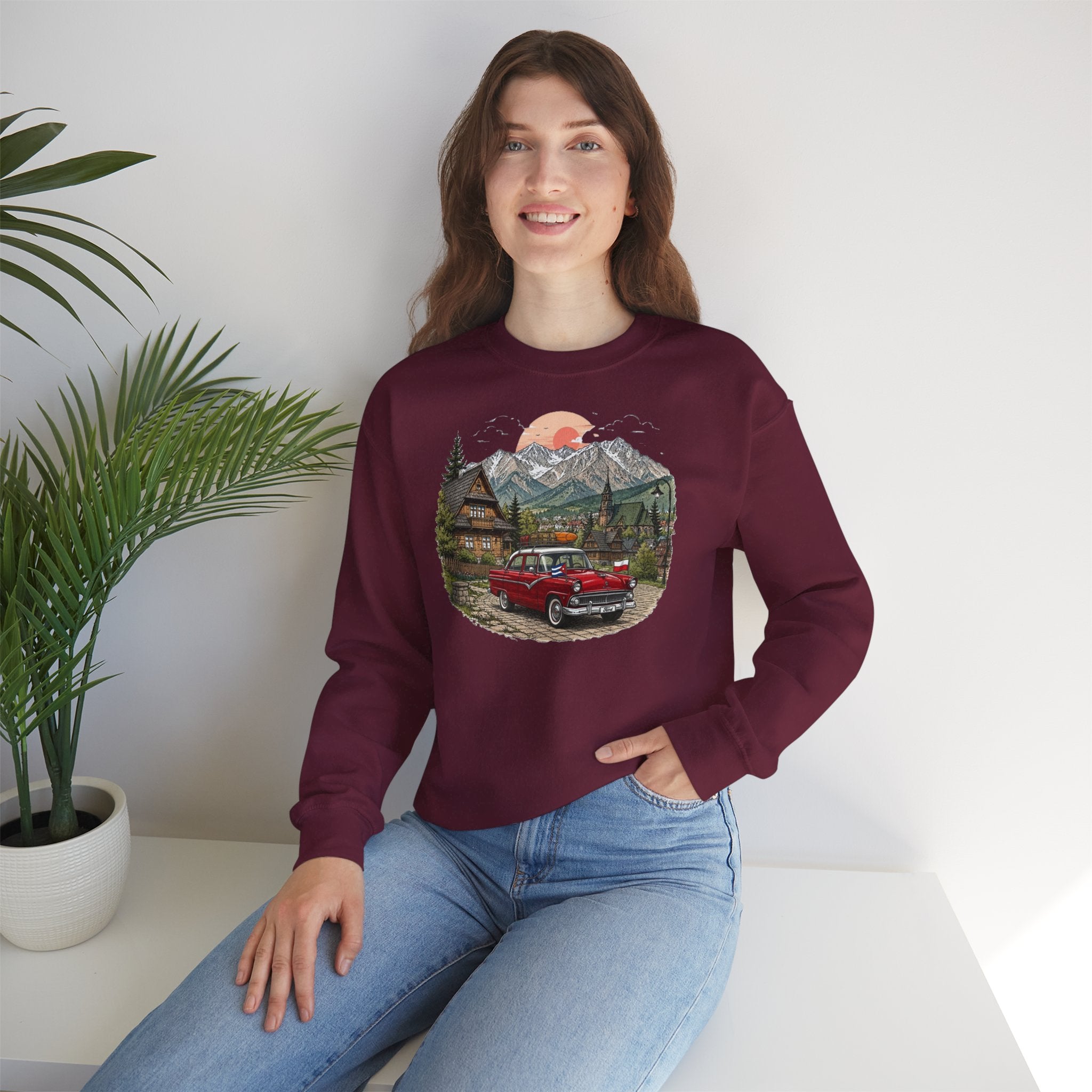 Vintage sweatshirt with the image of a Classic Cuban car in the mountains of Zakopane, Poland