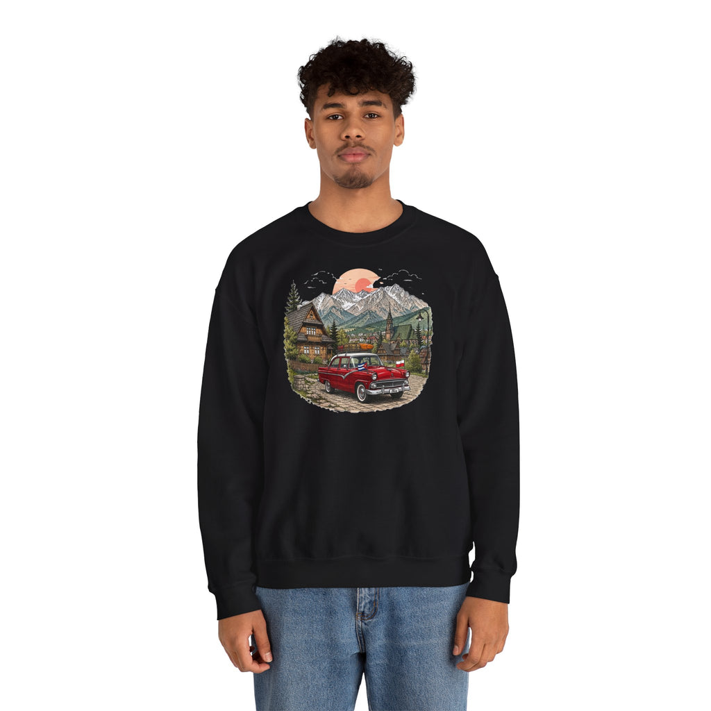 Vintage sweatshirt with the image of a Classic Cuban car in the mountains of Zakopane, Poland