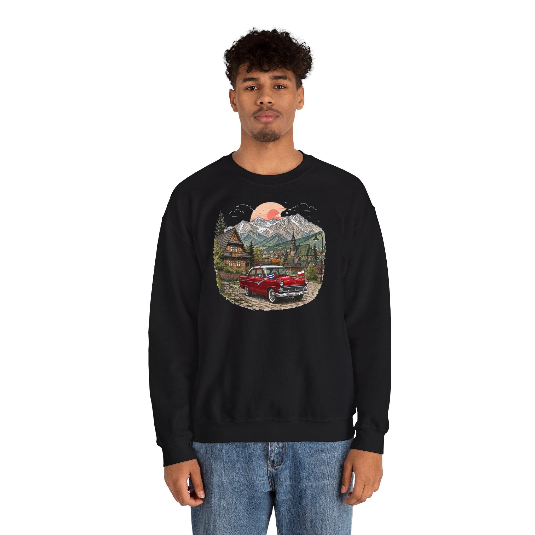 Vintage sweatshirt with the image of a Classic Cuban car in the mountains of Zakopane, Poland