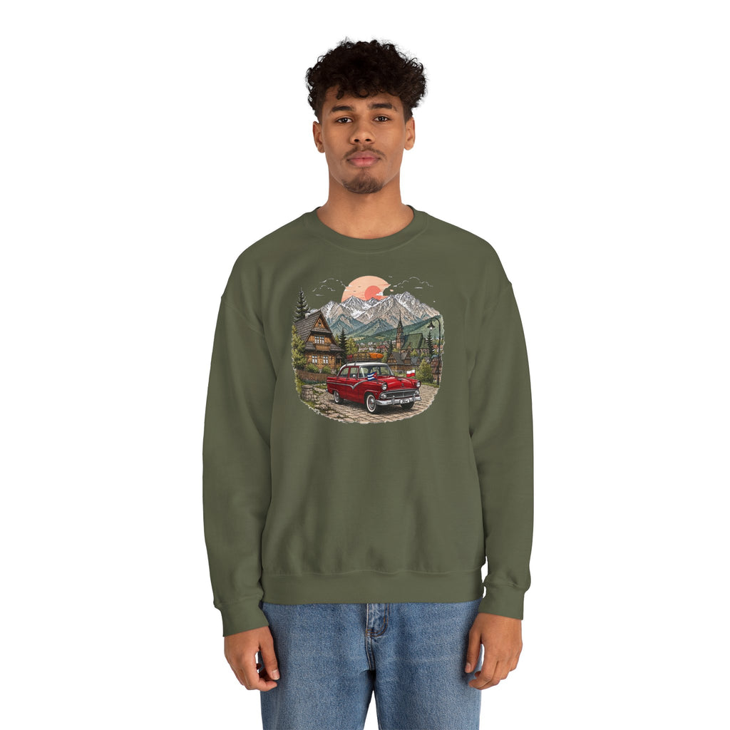 Vintage sweatshirt with the image of a Classic Cuban car in the mountains of Zakopane, Poland