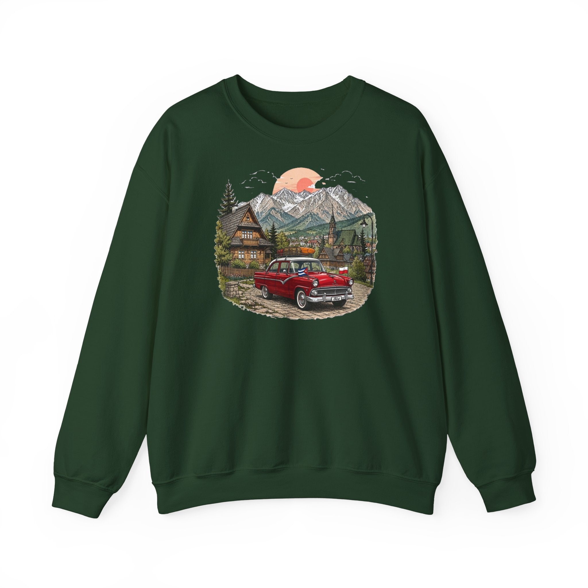 Vintage sweatshirt with the image of a Classic Cuban car in the mountains of Zakopane, Poland
