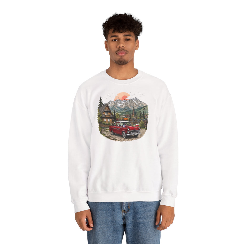 Vintage sweatshirt with the image of a Classic Cuban car in the mountains of Zakopane, Poland