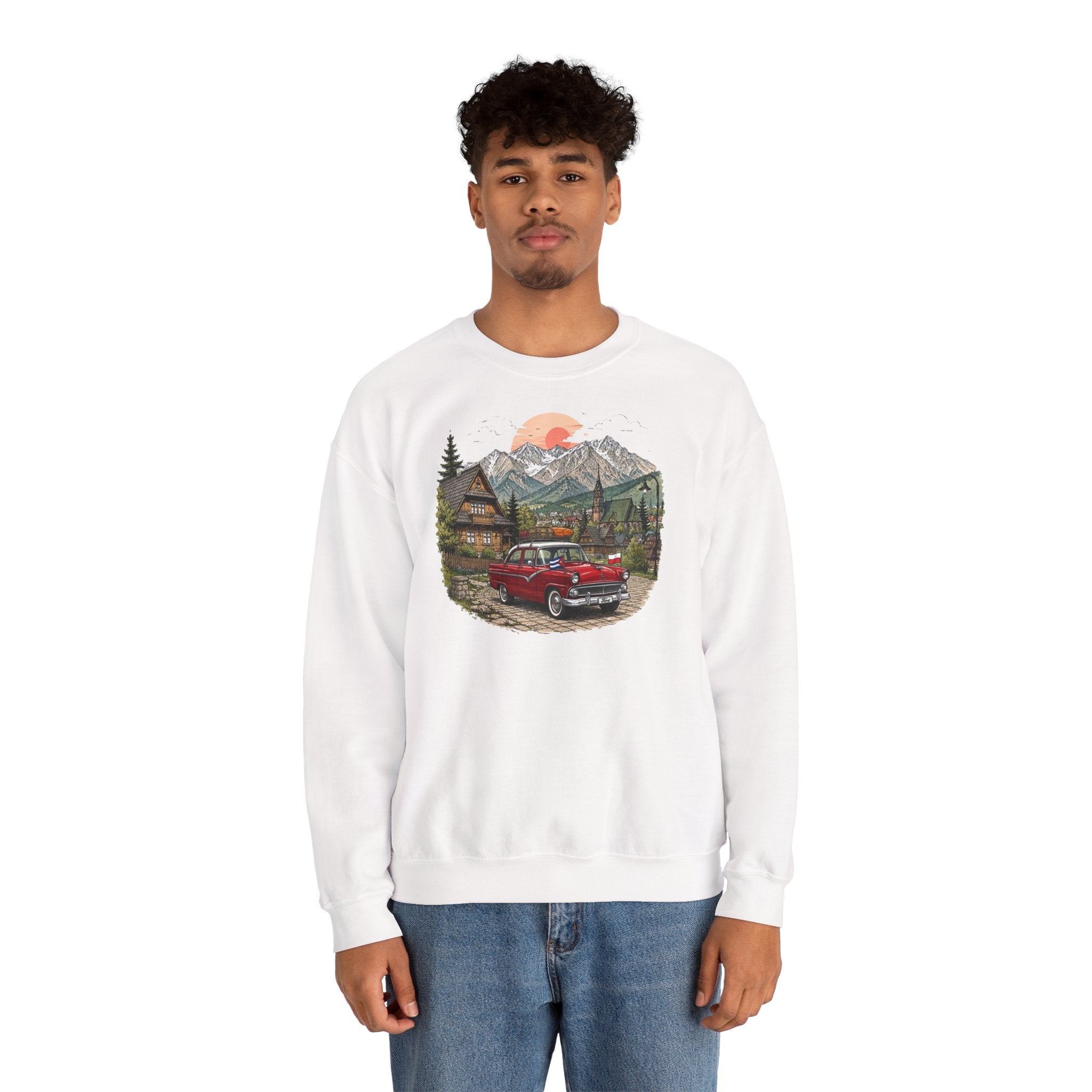 Vintage sweatshirt with the image of a Classic Cuban car in the mountains of Zakopane, Poland