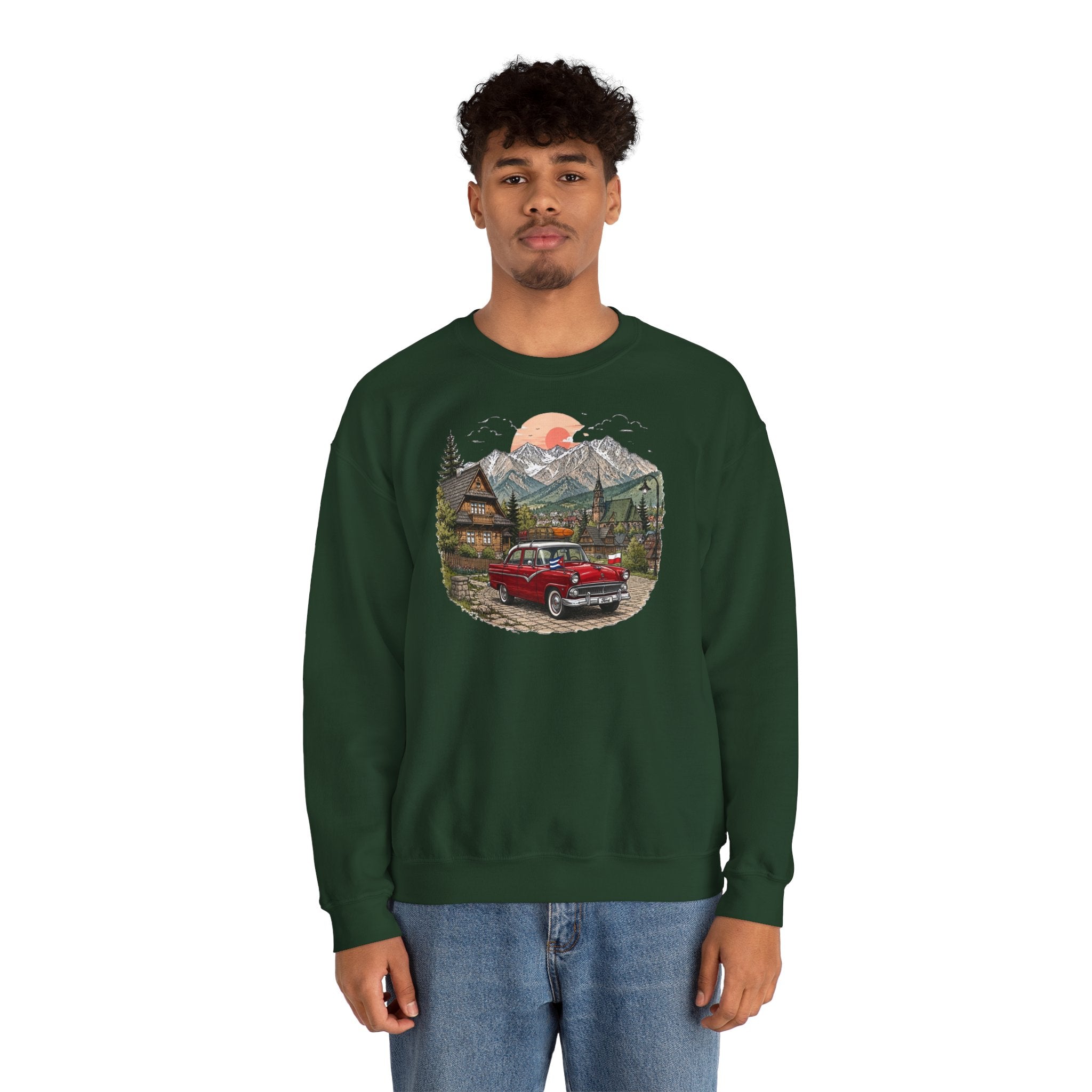 Vintage sweatshirt with the image of a Classic Cuban car in the mountains of Zakopane, Poland