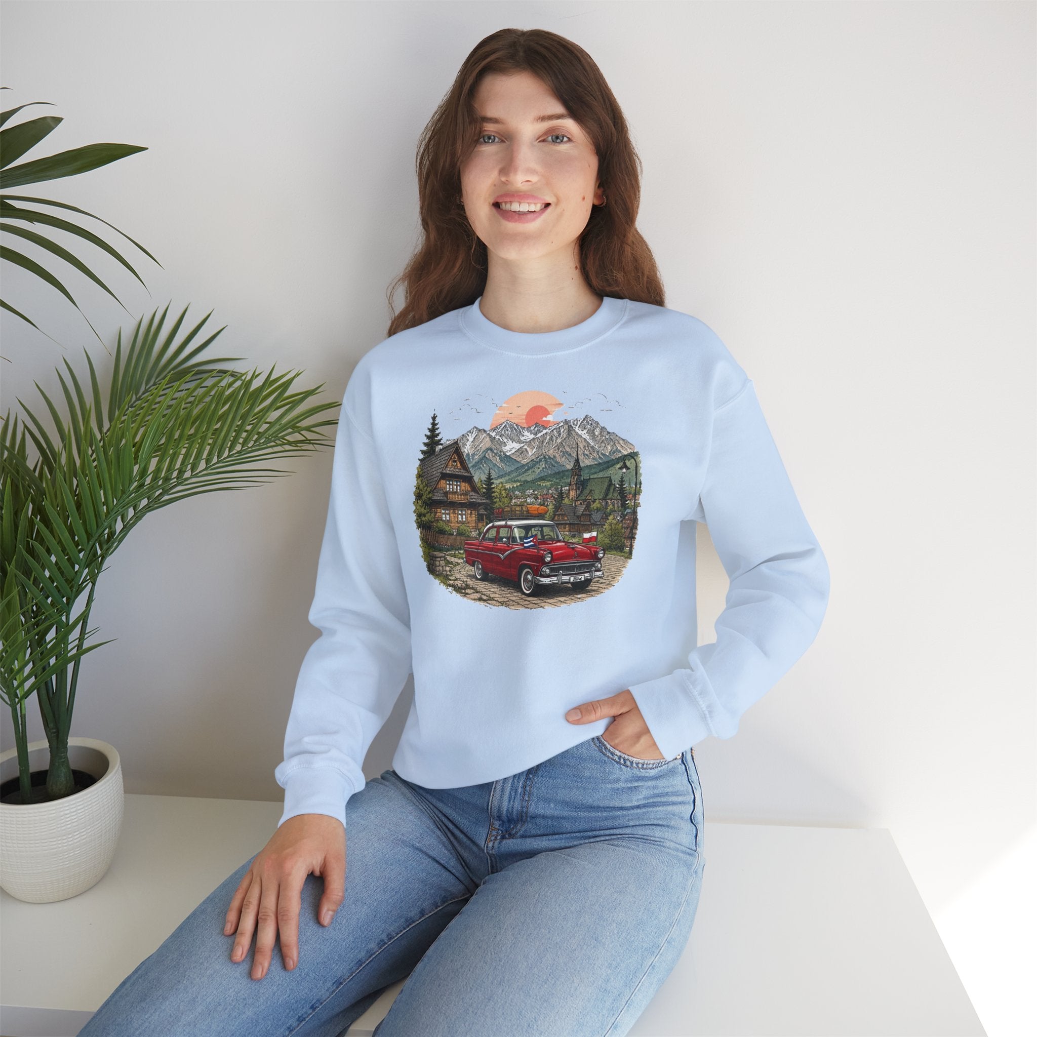 Vintage sweatshirt with the image of a Classic Cuban car in the mountains of Zakopane, Poland
