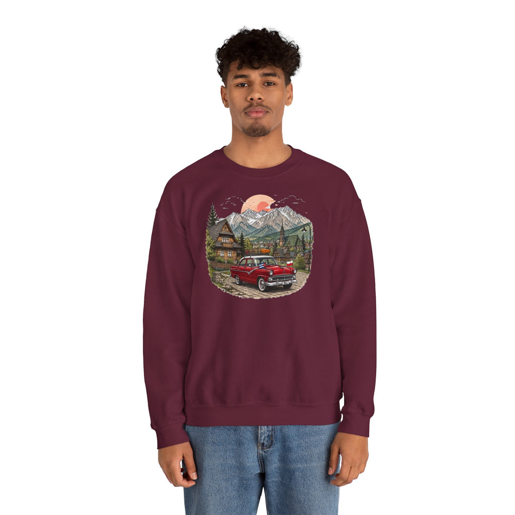 Vintage sweatshirt with the image of a Classic Cuban car in the mountains of Zakopane, Poland