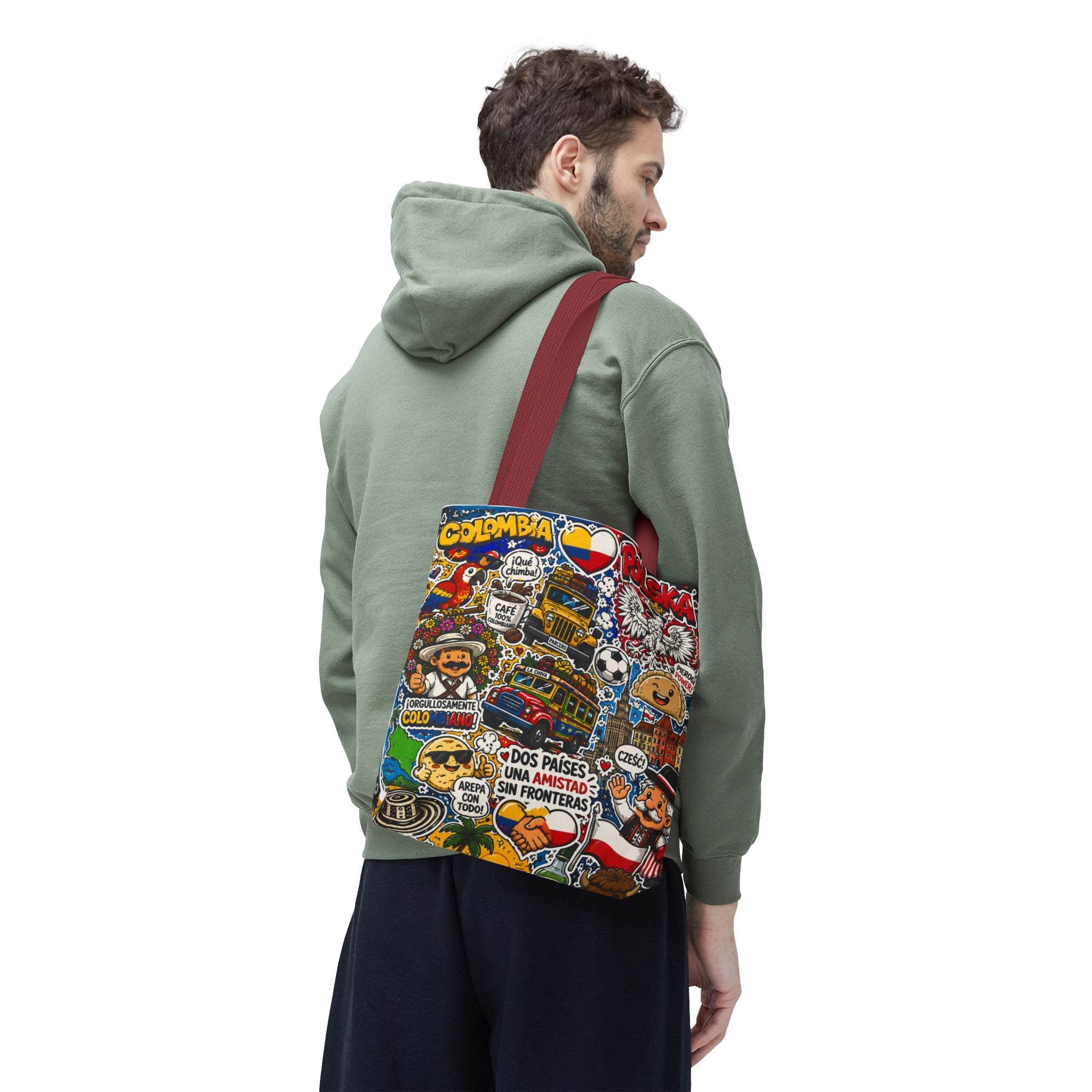 Colombia + Poland Friendship Tote Bag — Cultural Sticker Collage AOP