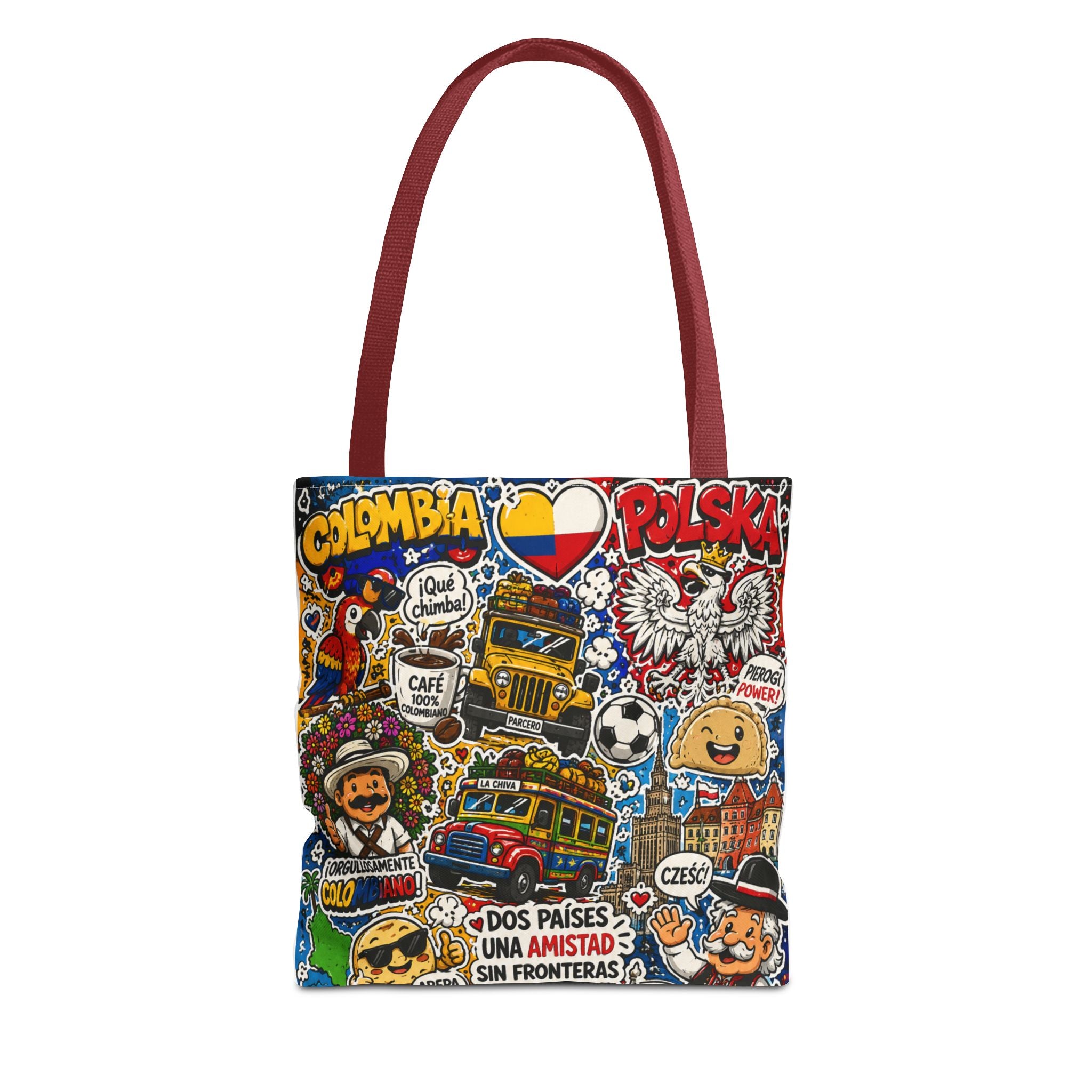 Colombia + Poland Friendship Tote Bag — Cultural Sticker Collage AOP