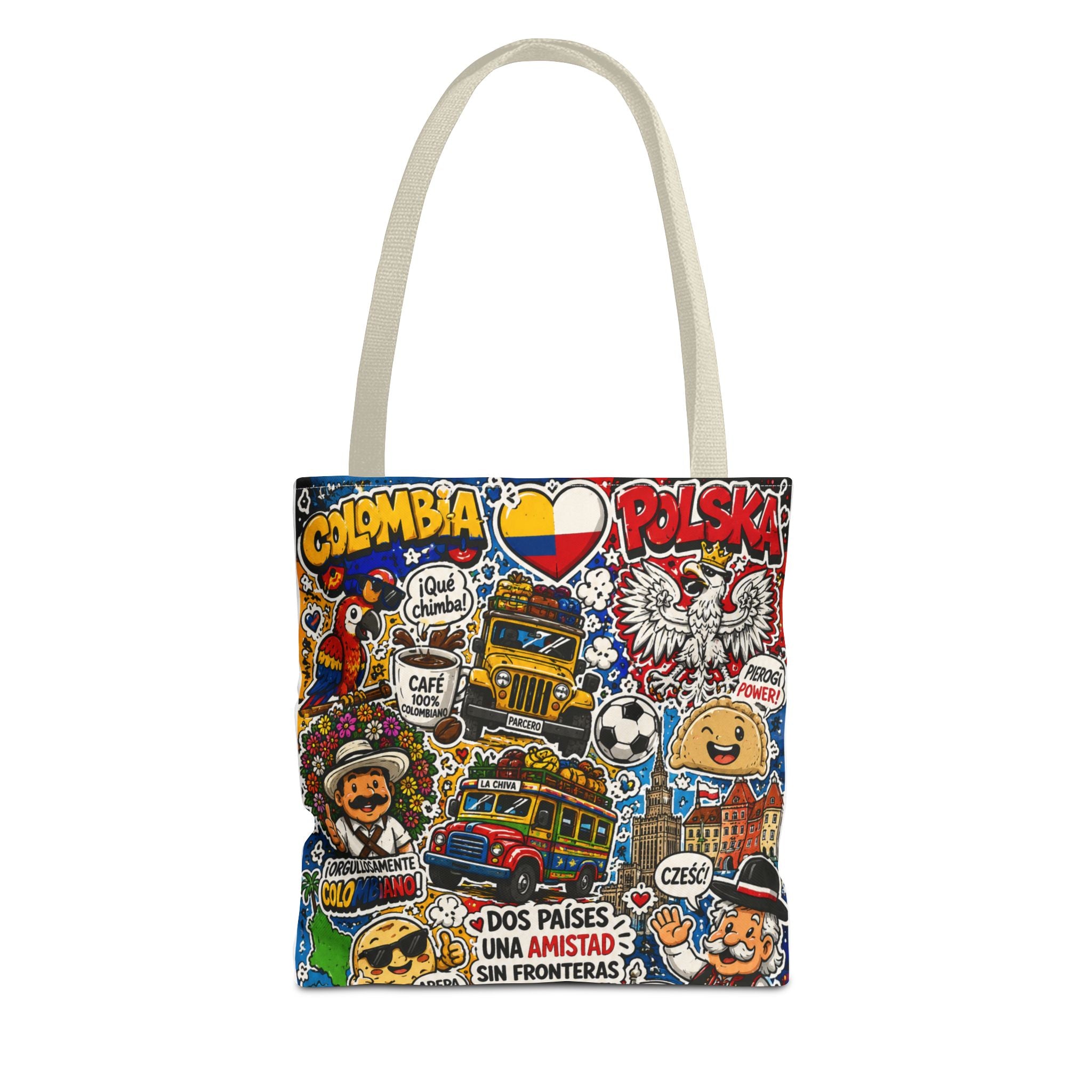 Colombia + Poland Friendship Tote Bag — Cultural Sticker Collage AOP