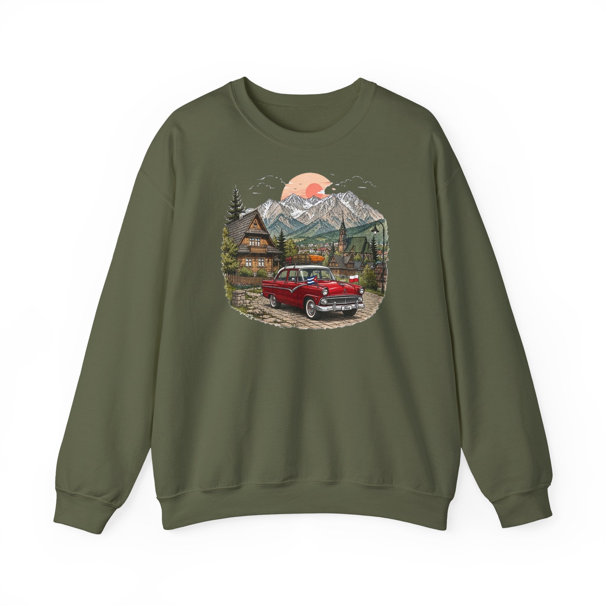 Vintage sweatshirt with the image of a Classic Cuban car in the mountains of Zakopane, Poland