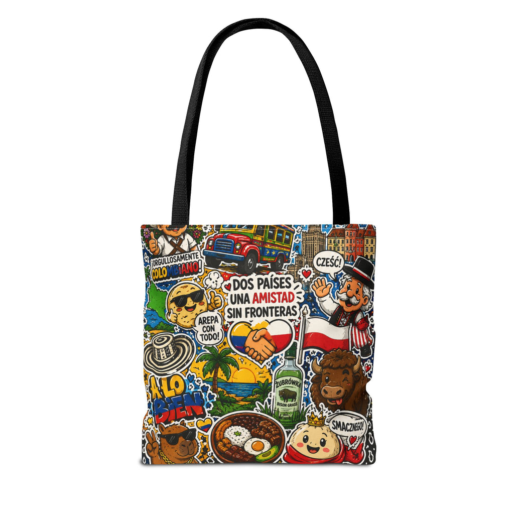 Colombia + Poland Friendship Tote Bag — Cultural Sticker Collage AOP
