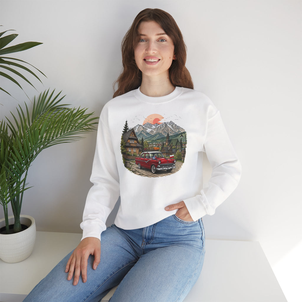Vintage sweatshirt with the image of a Classic Cuban car in the mountains of Zakopane, Poland